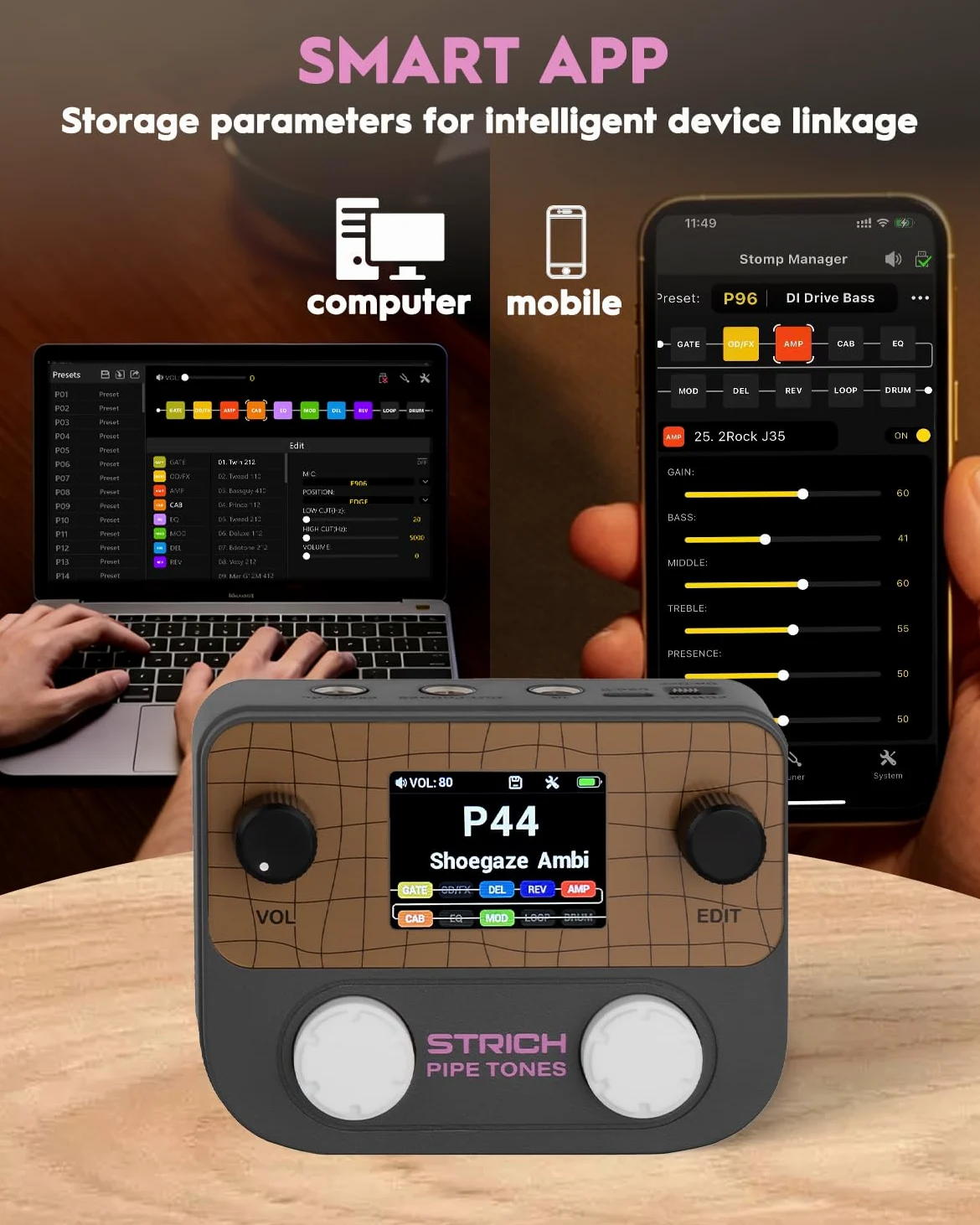 STRICH Pipe Tones Pocket Multi-Effects Processor per chitarra e basso con pedale 10 moduli effetto 125 effetti Looper 40s 100 pattern di batteria Interfaccia audio USB Controllo wireless(Grigio scuro)
