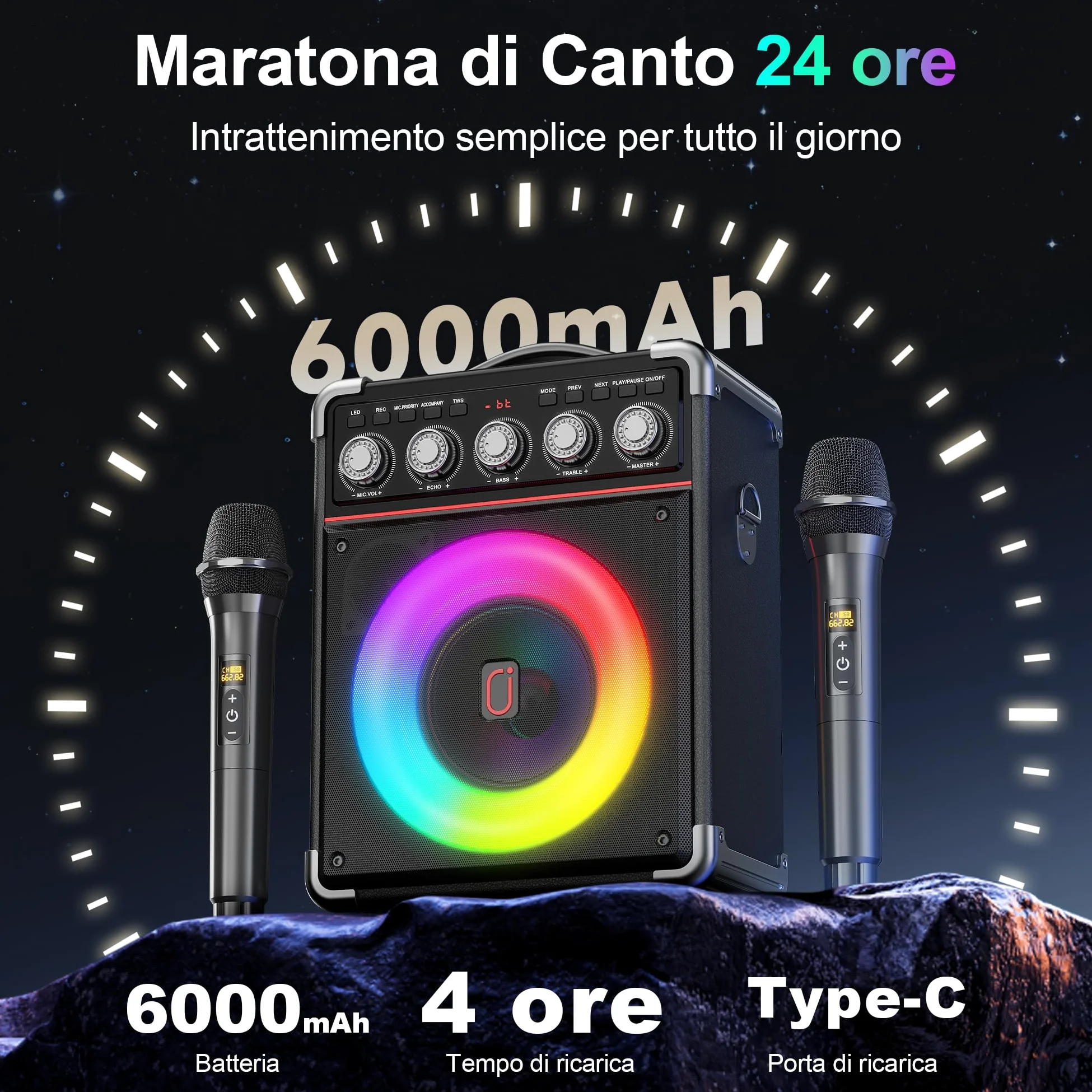 JYX Karaoke con 2 Microfono, 100W Cassa Bluetooth, Autonomia 18 Ore, Karaoke Professionale Completo, Potatile PA Sistema e Luce LED & telecomando, Supporta Bluetooth/TF/USB/AUX/TWS