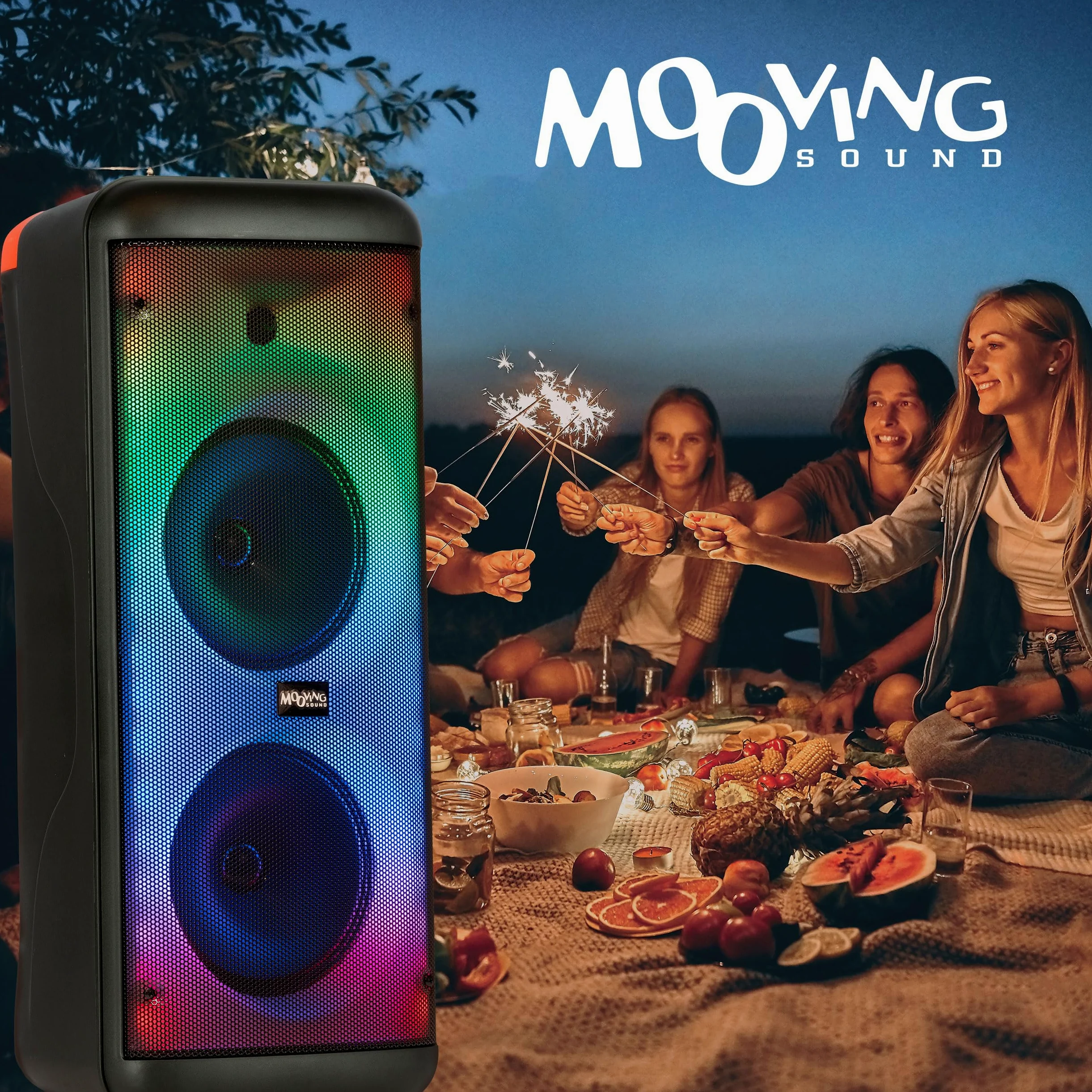 Mooving - MS-ELECTRO-SOUND600 - Altoparlante a batteria da 8"/600W con effetto luce sul pannello frontale, 1 microfono cablato e 1 wireless - Bluetooth/USB/AUX/MicroSD - Nero
