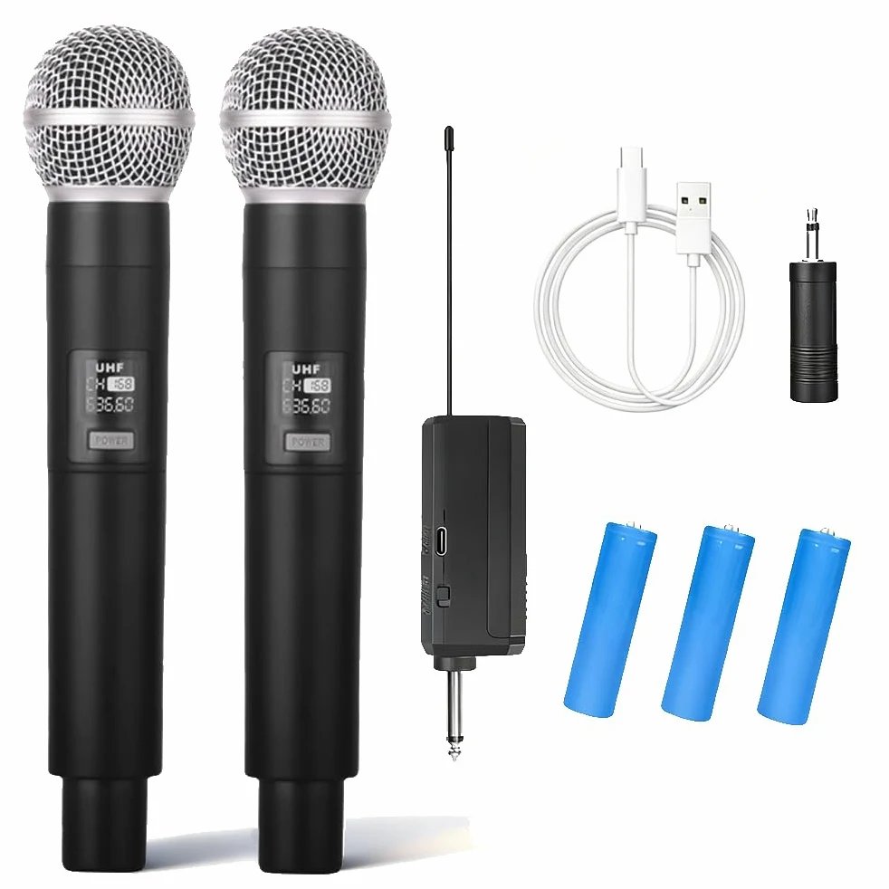 2Pcs Microfono Senza Fili Professionale UHF Sistema Wireless Microfonico per Amplificatore, Sistema PA, Karaoke, Meeting, Feste, Chiesa, Matrimonio