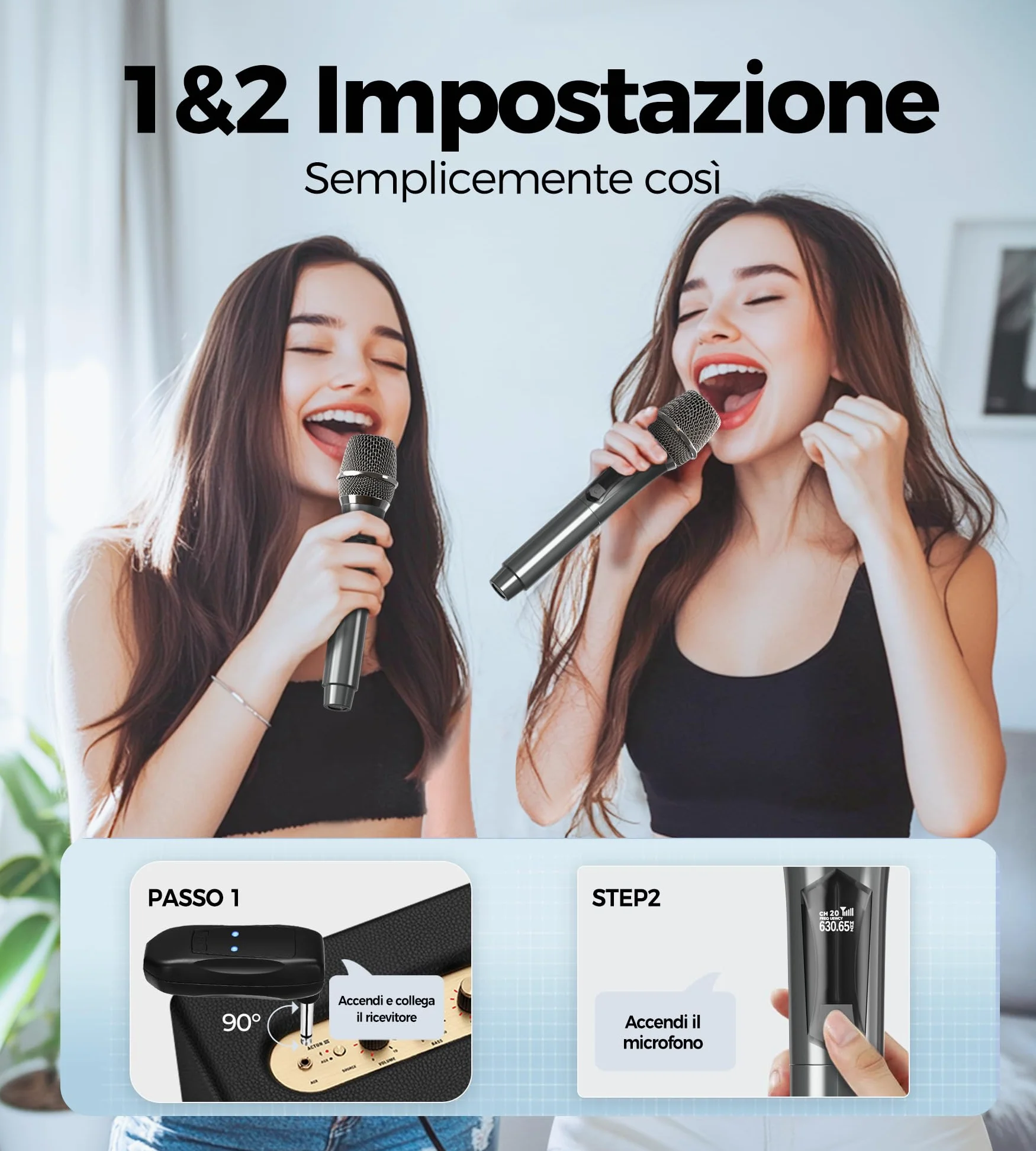 MAILANGSHI Microfono Wireless, sistema di microfono cordless portatile doppio in metallo ricevitore ricaricabile, durata 50ore, portata 200 piedi, microfoni per karaoke per canto karaoke (Grigio)