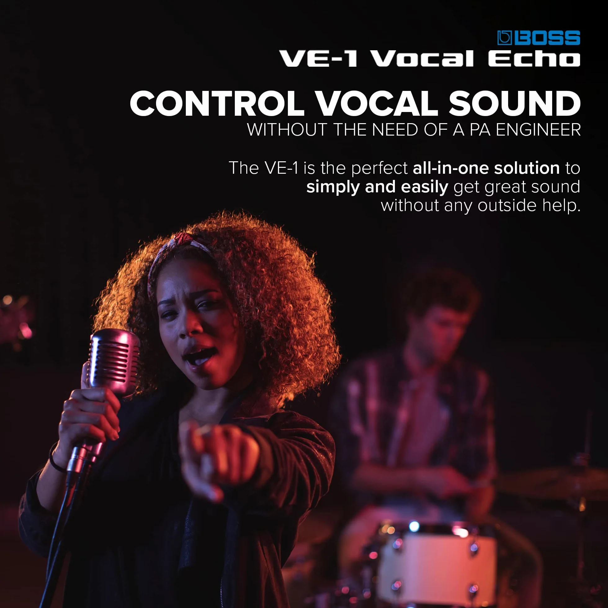 BOSS VE-1 Vocal Echo per Cantanti e Vocalist | Controllate il Suono della Vostra Voce in Tempo Reale | Aggiungete Ambienze Naturali o un Intenso Riverbero alla vostra Voce