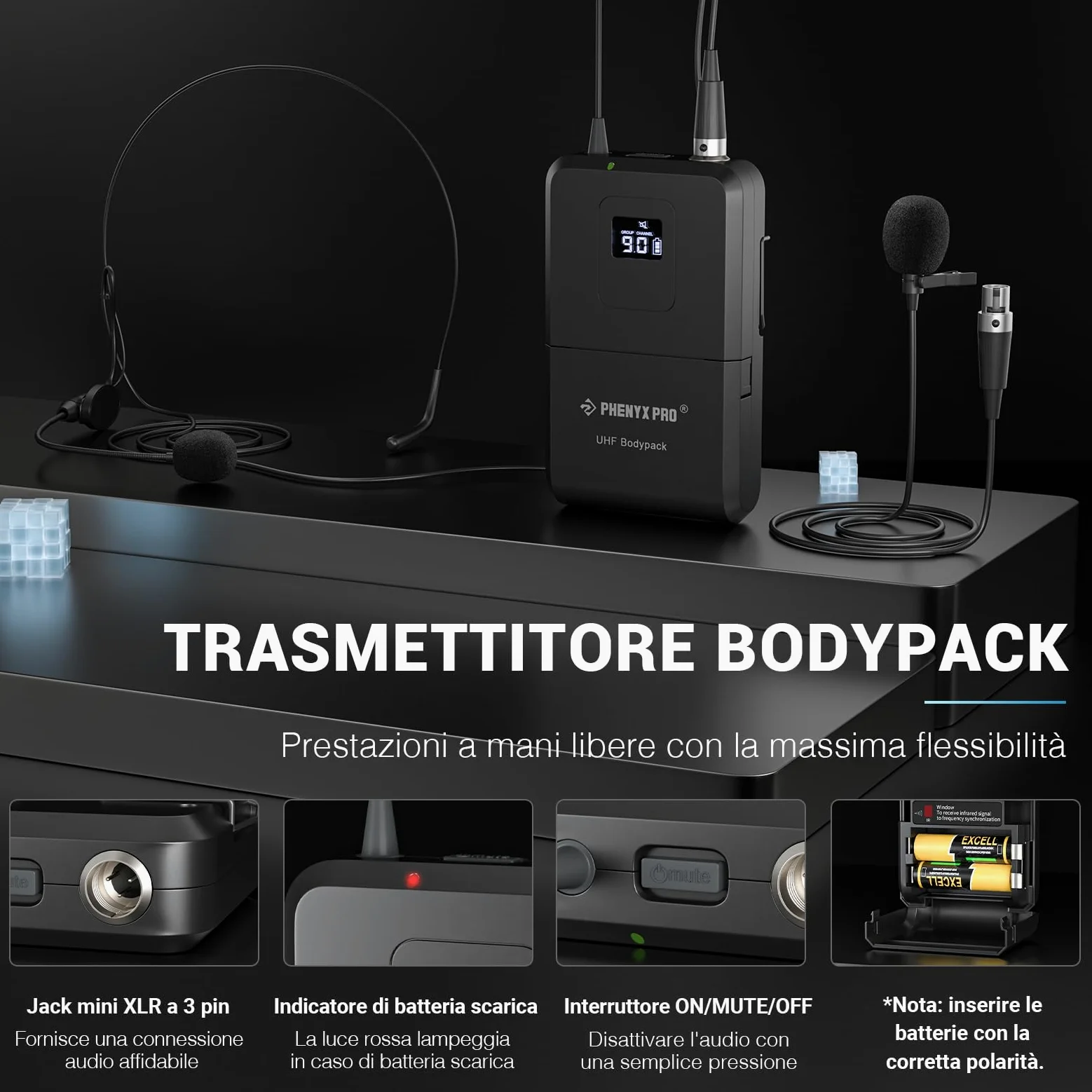 Phenyx Pro Sistema microfono wireless UHF a 4 canali con 4 bodypack, archetto/microfoni da bavero, 4x40 frequenze, scansione automatica, copertura di 328 piedi, per canto, DJ, chiesa (PTU-7000-4B)