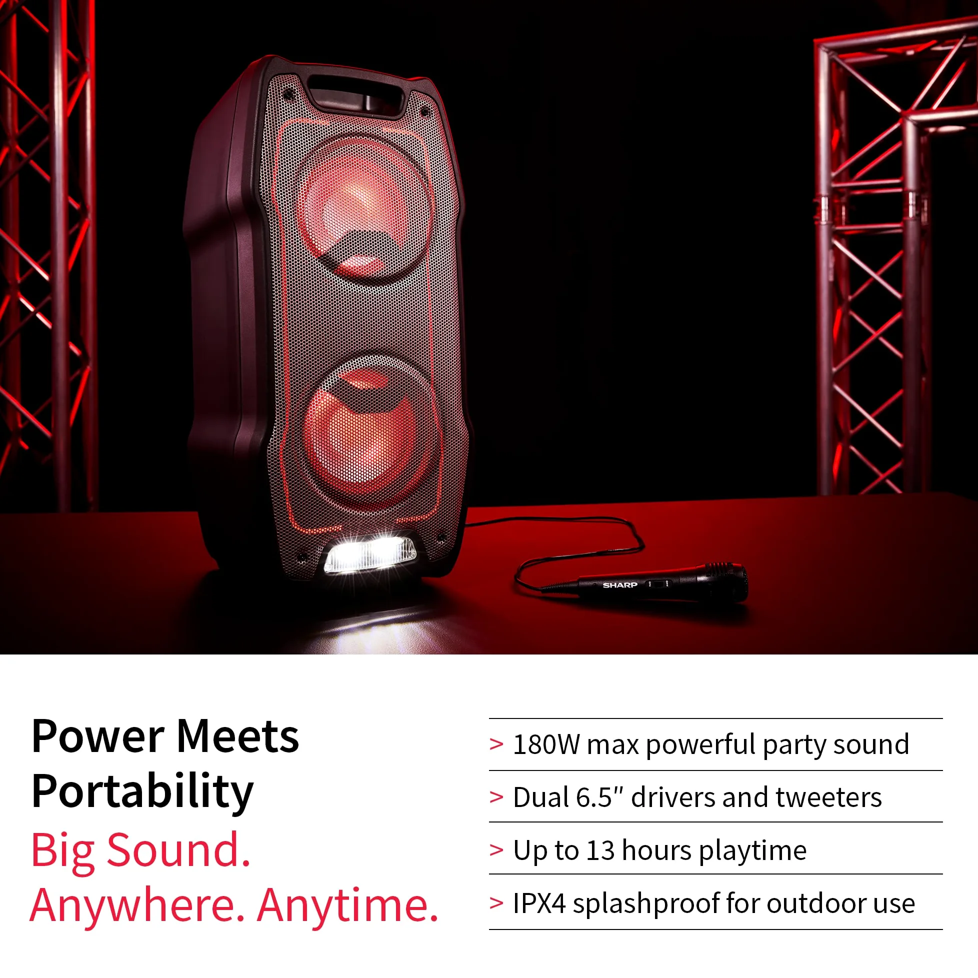Sharp PS-931 Party Speaker, microfono, TWS, Bluetooth, 2xUSB, 2 porte da 6,3 mm per microfono e chitarra, luci multicolori, 180W P.maxima, batteria litio integrata con fino a 13 ore di riproduzione