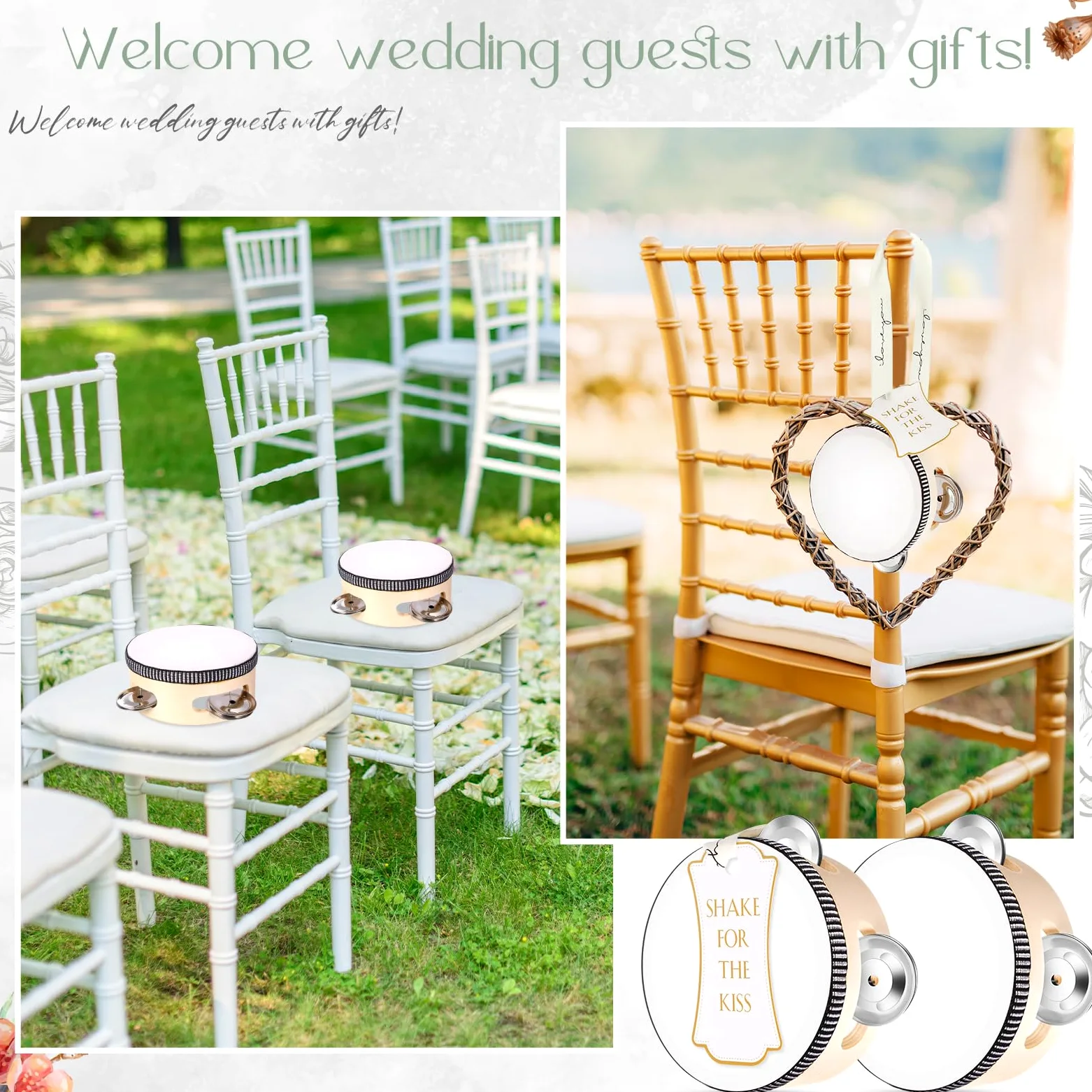 Set di 24 tamburelli da 15,2 cm per adulti, in legno, con sonagli in metallo, etichette regalo, nastro bianco stampato con scritta "I Love You", strumento musicale per chiesa, matrimoni,