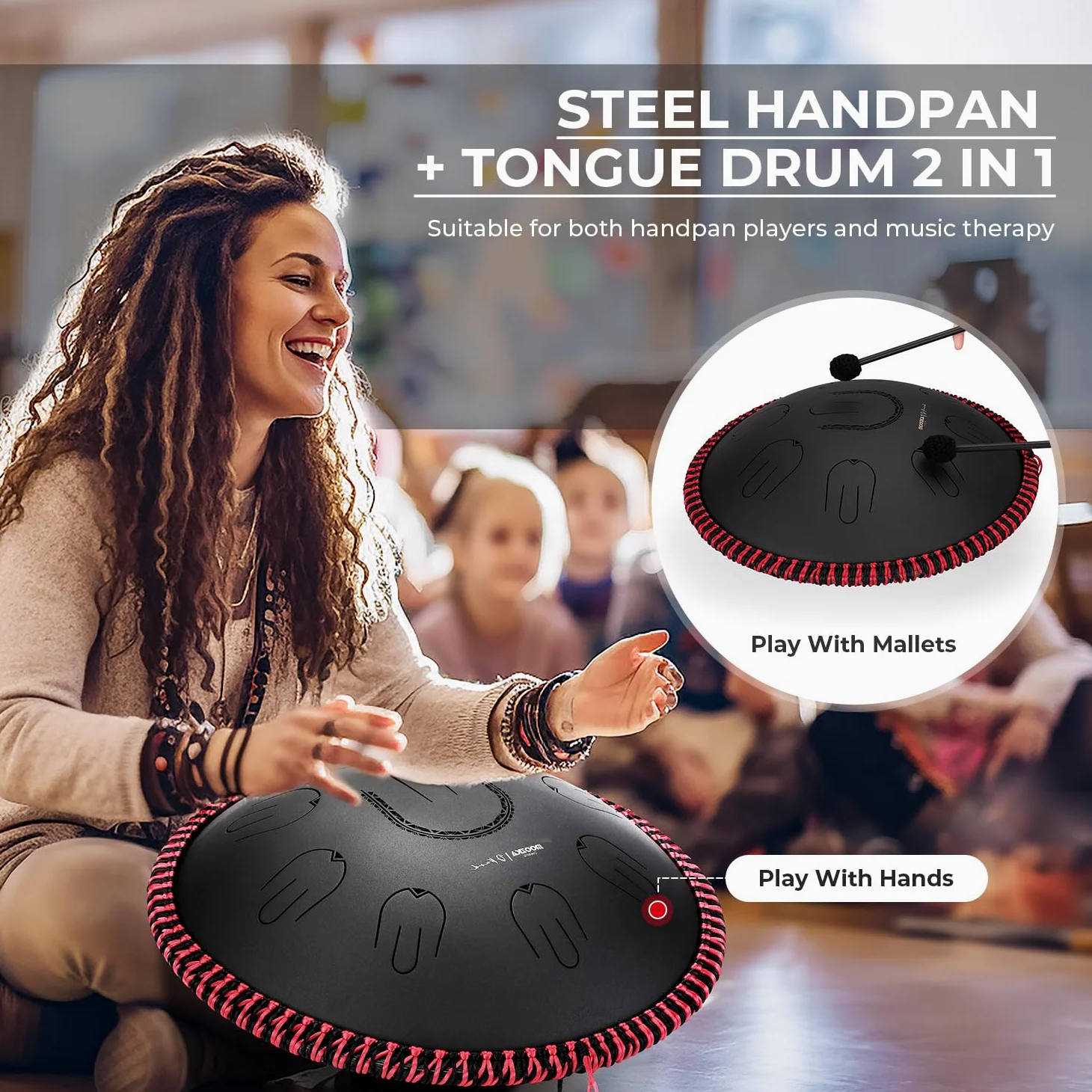 MOOZICA Steel Handpan Tongue Drum, Tamburo Tongue Portatile da 14" in Scala D-Kurd con Design Ottava Overtone, Tamburo Handpan per Principianti e Professionisti (D-Kurd, Nero)