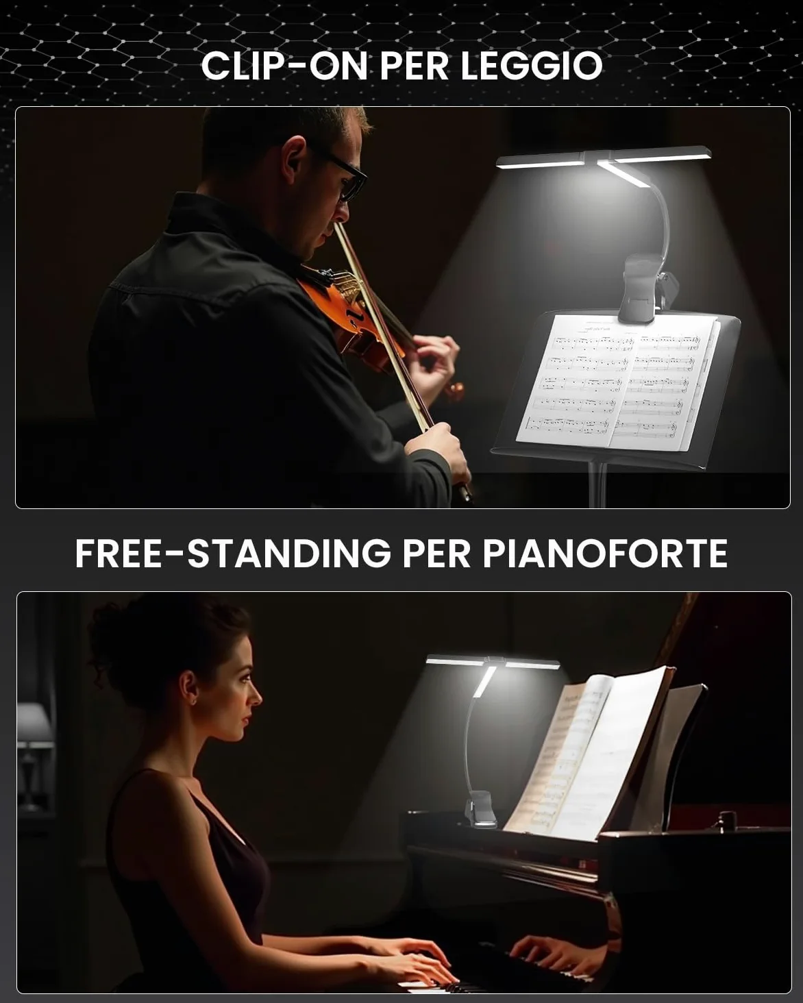 Ultra-Ampia 36CM Luce da Leggio Musicale a Pinza, 57 LED Super Luminosi, 4 Colori x 3 Luminosità, Pieghevole Forma-T Lampada Pianoforte per Spartiti e Lettura Libri, Ricaricabile USB-C