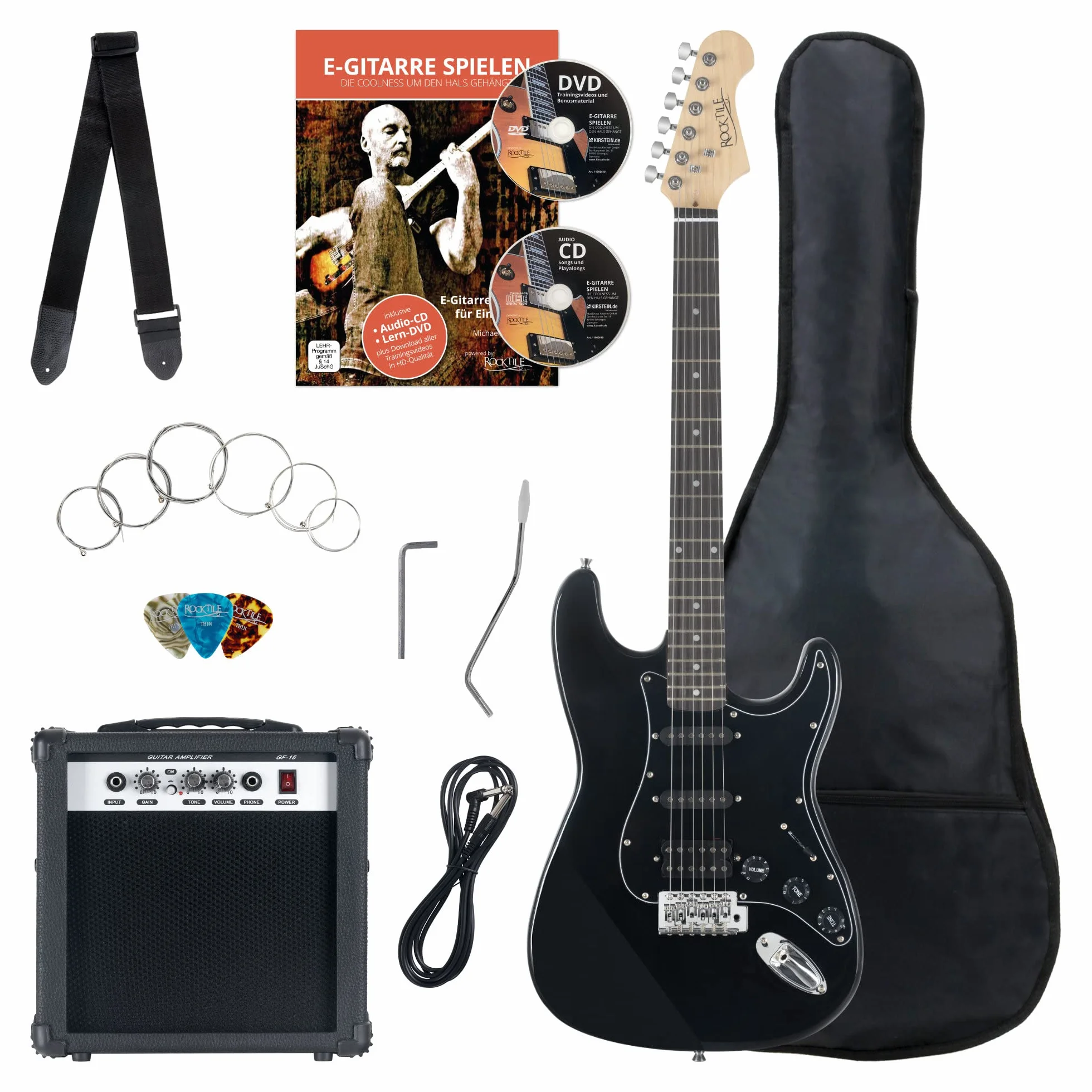 Rocktile Banger's Power Pack Set Completo Chitarra Elettrica con Single Coil e Humbucker Pickups Nero (Amplificatore, Borsa, Cavo, Tracolla, Plettro, Tremolo, Corde di Ricambio e Scuola con CD/DVD)