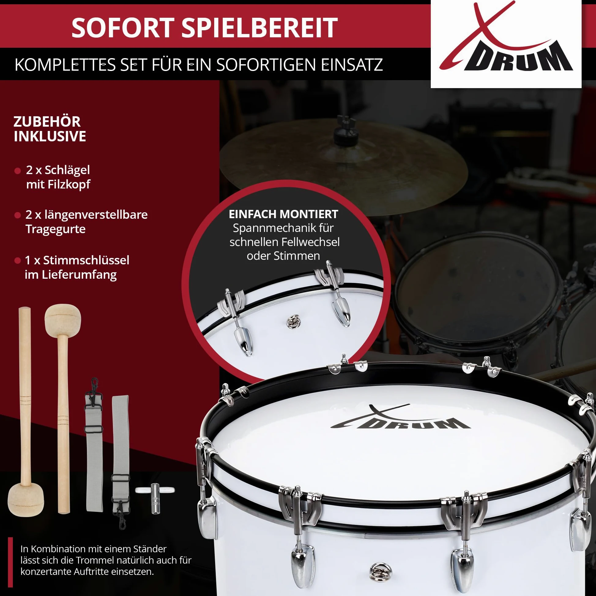 XDrum MBD-226 grancassa da marcia 26"x12" - 10,5 kg, 4 asole di trasporto, 8 viti di tensione per lato, incl. mazzuoli, cinghie e chiave di accordatura, bianco