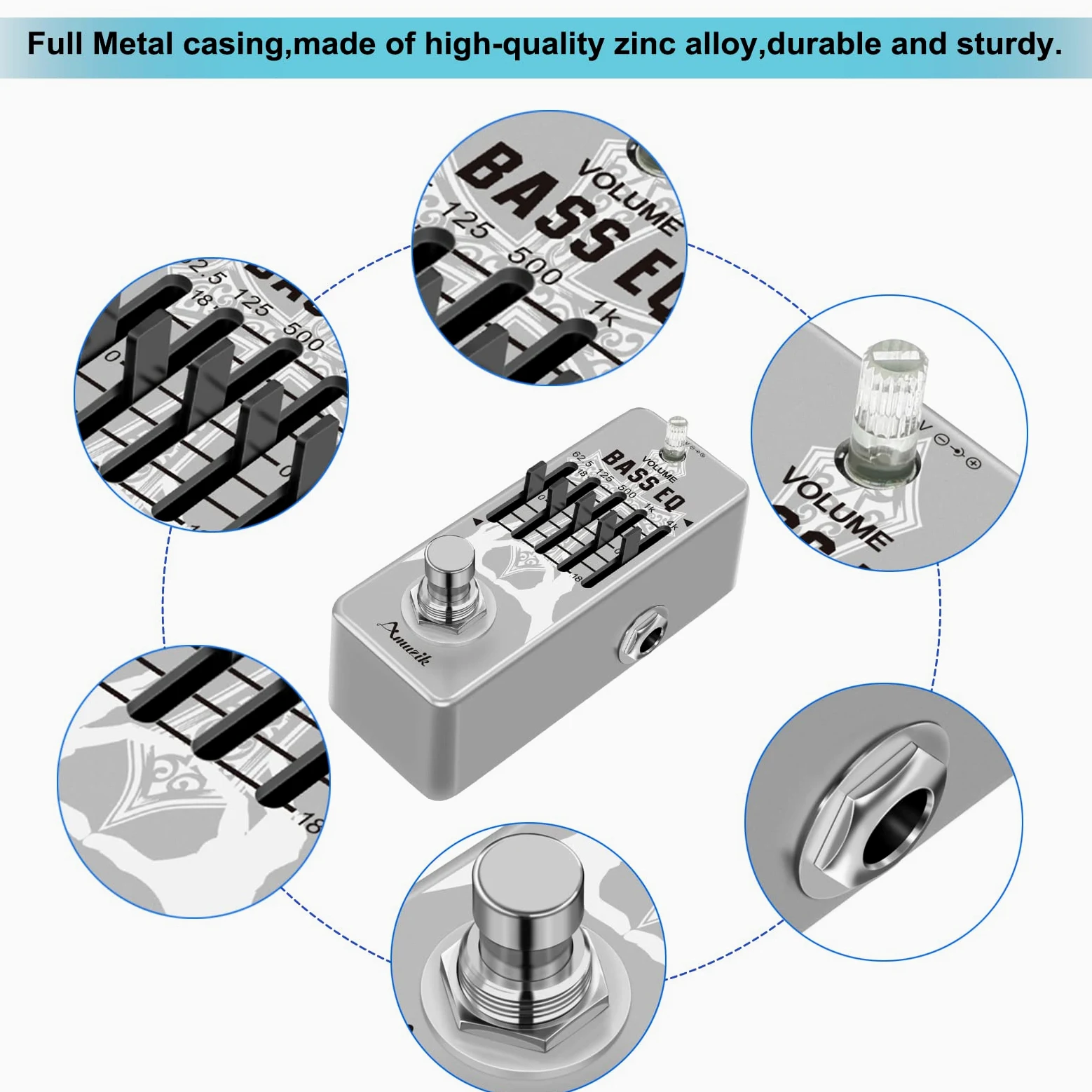 Amuzik Bass EQ Pedal 5 Band Equalizer Pedals For Bass Guitar With 5 Band Graphic Mini Size True Bypass