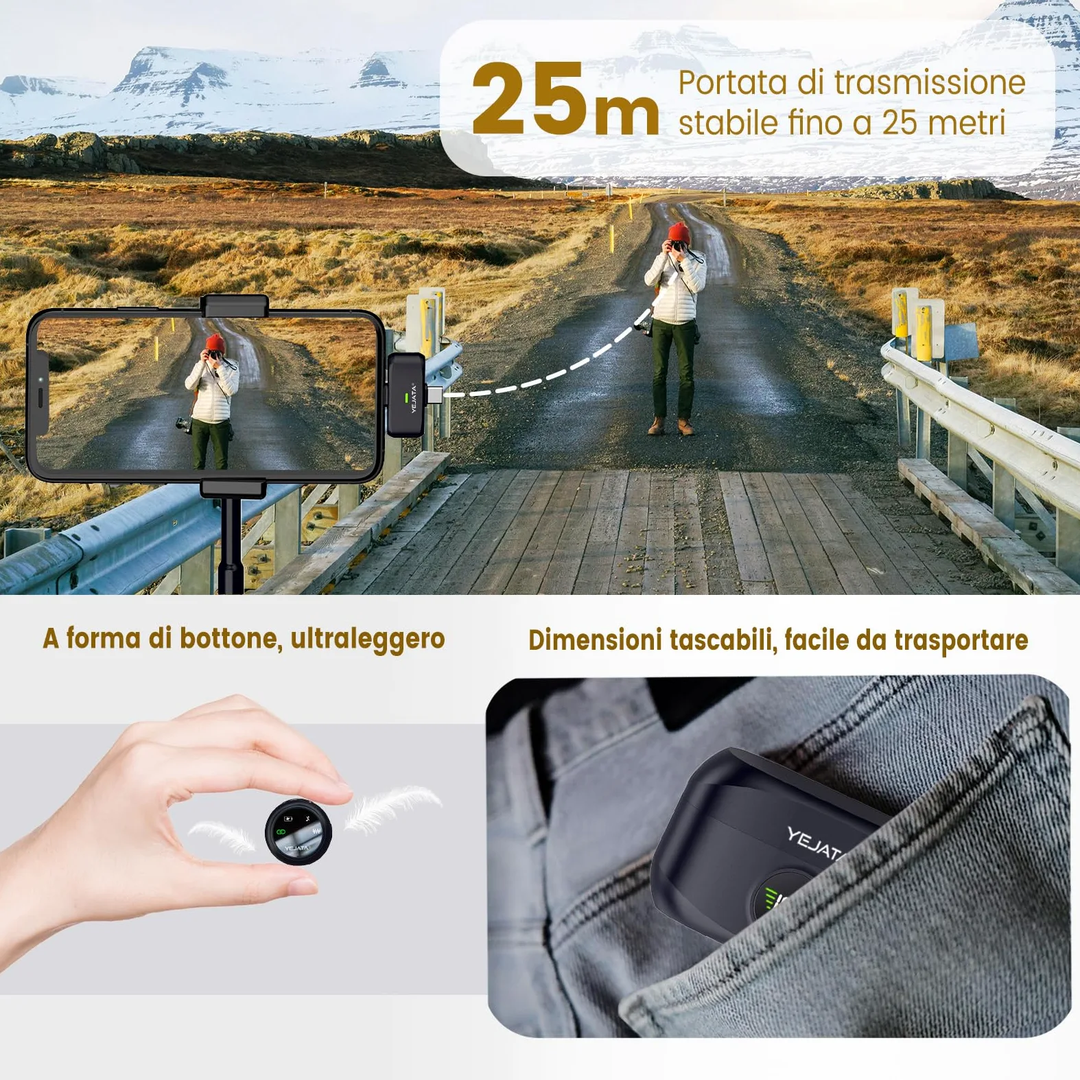 Microfono wireless 2 in 1 per iPhone e Android, mini microfono a riduzione del rumore con custodia di ricarica da 40 ore, clip magnetica per colloqui, 25 metri