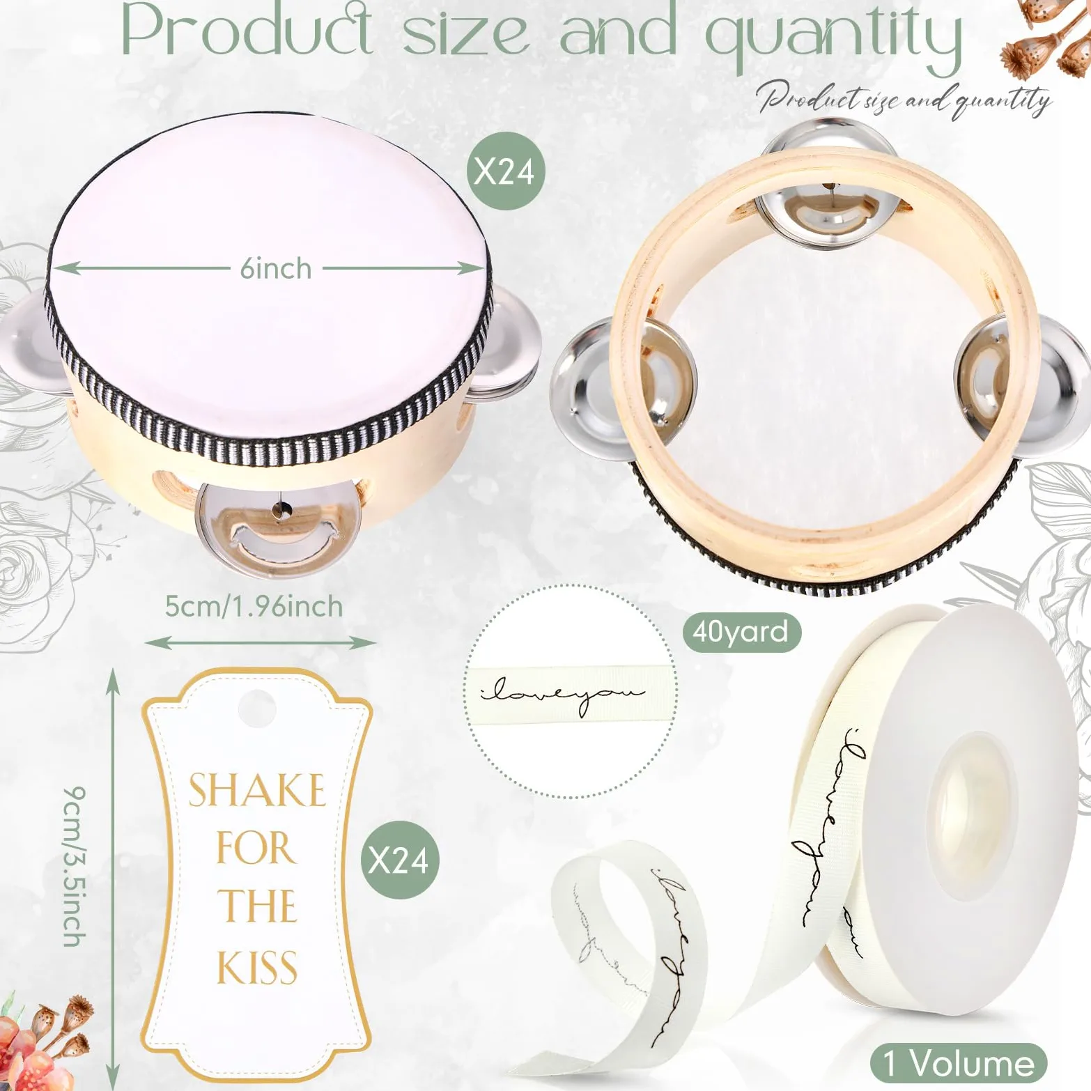Set di 24 tamburelli da 15,2 cm per adulti, in legno, con sonagli in metallo, etichette regalo, nastro bianco stampato con scritta "I Love You", strumento musicale per chiesa, matrimoni,
