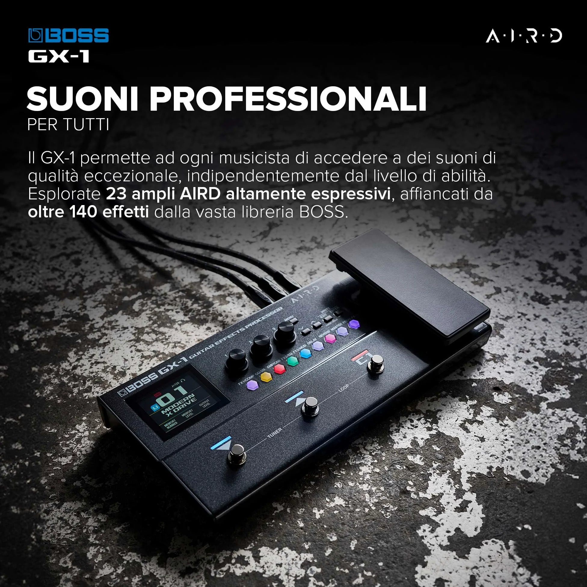 BOSS GX-1 | Processore di effetti per chitarra ultra-portatile | Ricco di ampli ed effetti iconici | Generatore sonoro AIRD di alta qualità | Ideale per i chitarristi principianti