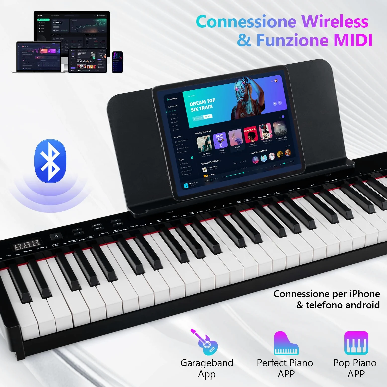 GYMAX Pianoforte Digitale 61 Tasti, Tastiera con Supporto e Sgabello Regolabili, Tasti Semi-Pesati, Funzione MIDI Audio Wireless, Leggio per Musica, Pedale Sustain e Borsa, Nero