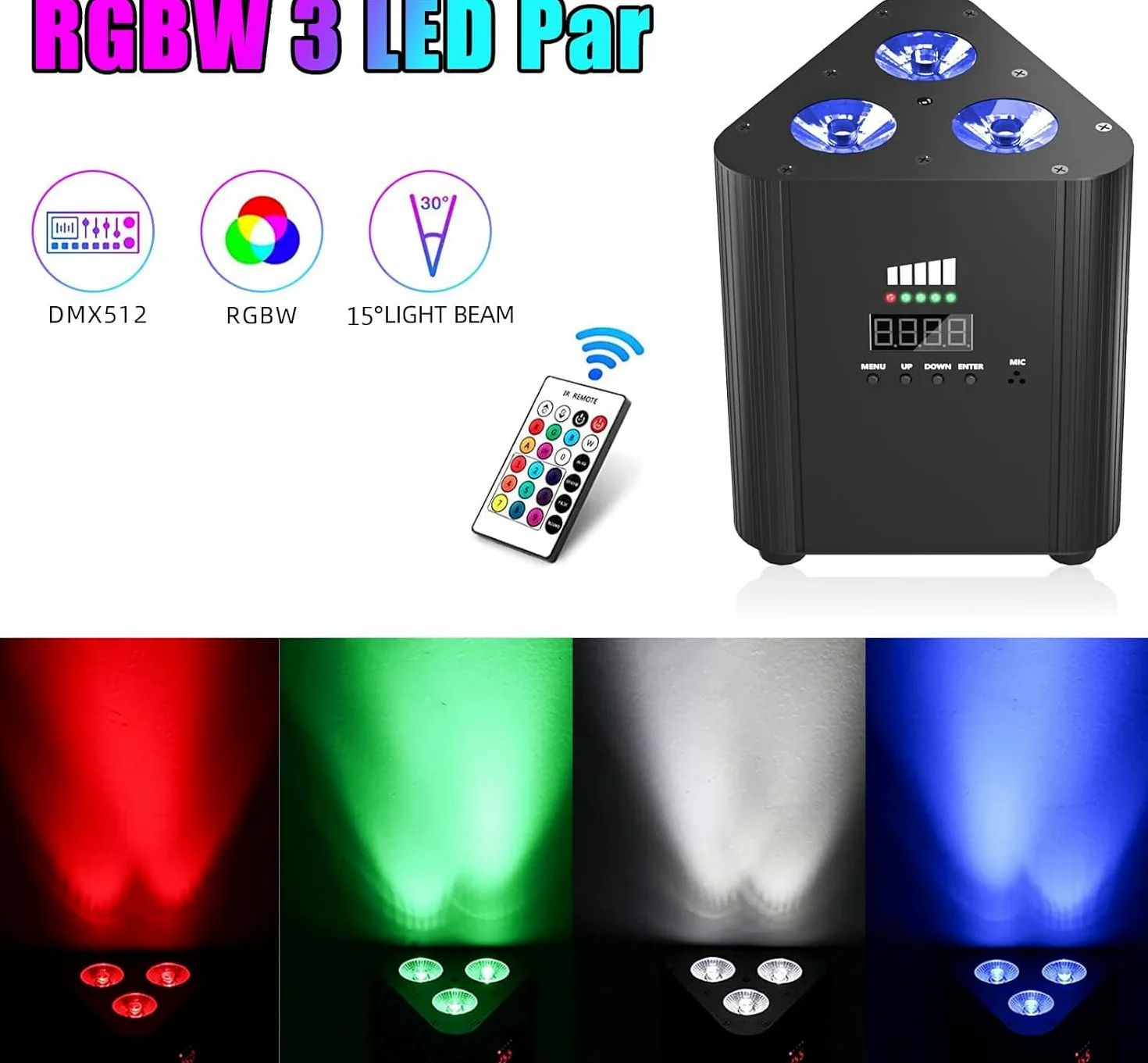 RGBW - Proiettore a LED ricaricabile batteria 4400 mAh, telecomando/controllo DMX, illuminazione da palco senza fili con indicatore di carica luce DJ per festa di Natale discoteca matrimonio