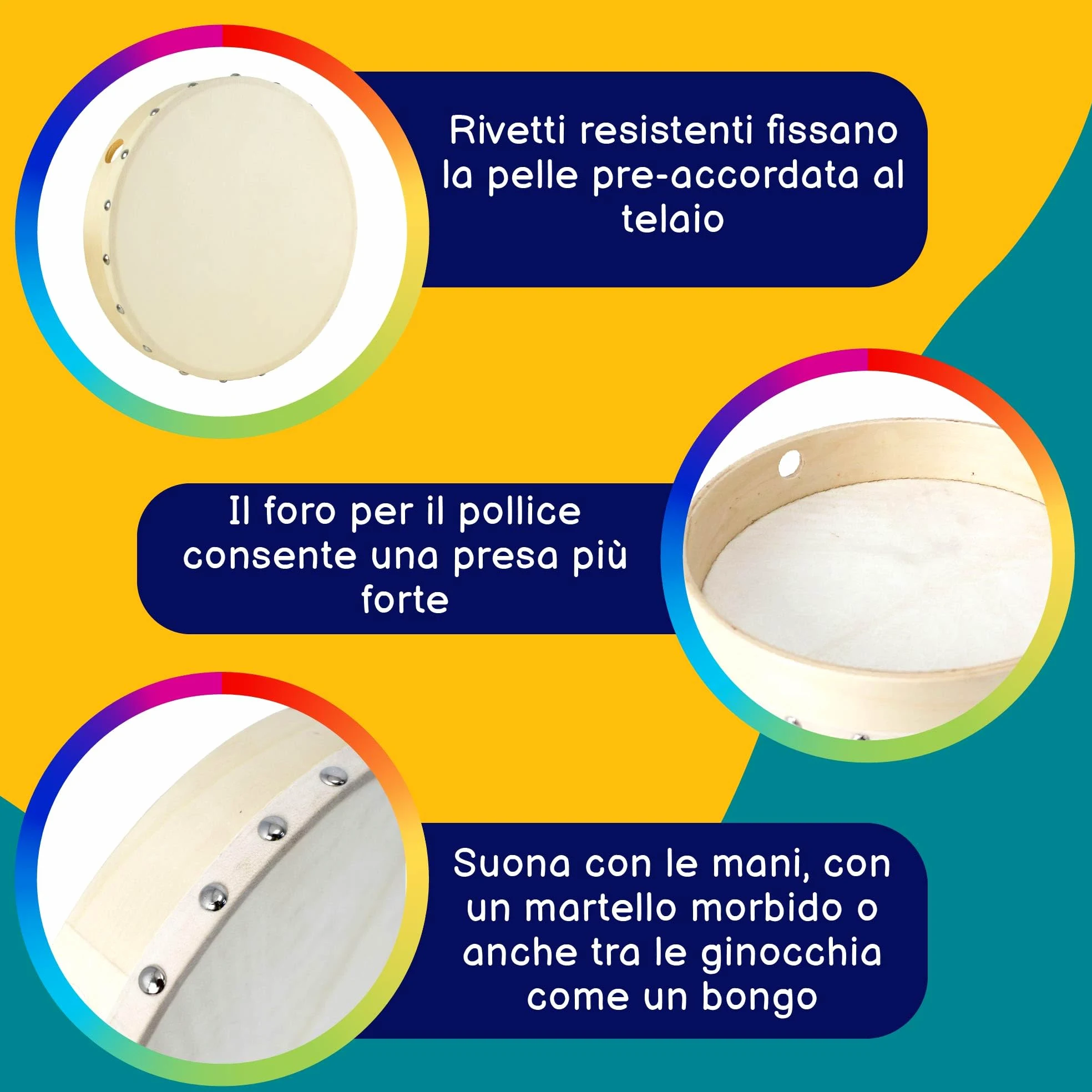 A-Star Tamburo a mano pre-accordato portatile da 10 pollici, testa in pelle naturale, tamburo a telaio da 25 cm di diametro