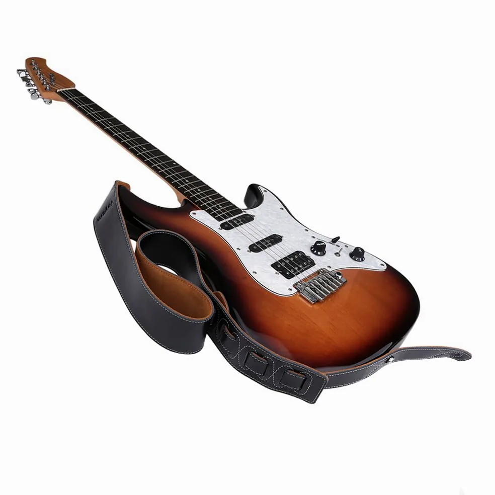 Rayzm Tracolla per Chitarra e Basso con Retro Scamosciato, Tracolla in Vera Pelle per Chitarra Acustica, Elettrica e Basso, Larghezza 6.5 cm, Lunghezza Regolabile da 108 cm a 140 cm