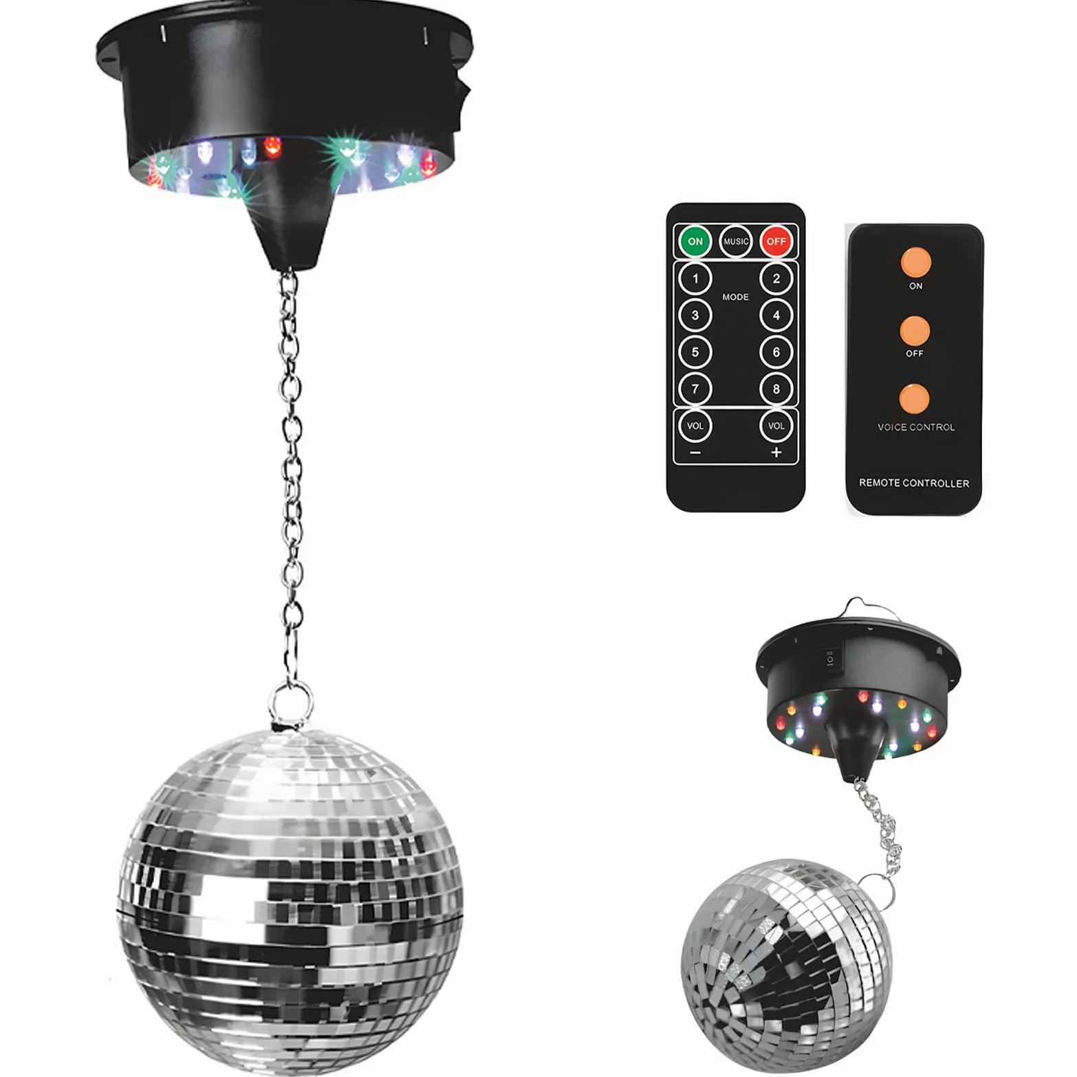 Sfera da discoteca 12 cm con motore e LED, Sfera a specchi rotante con 18 perline LED, alimentata a batteria, palla da discoteca con occhiello metallico, decorazione palla da discoteca per feste