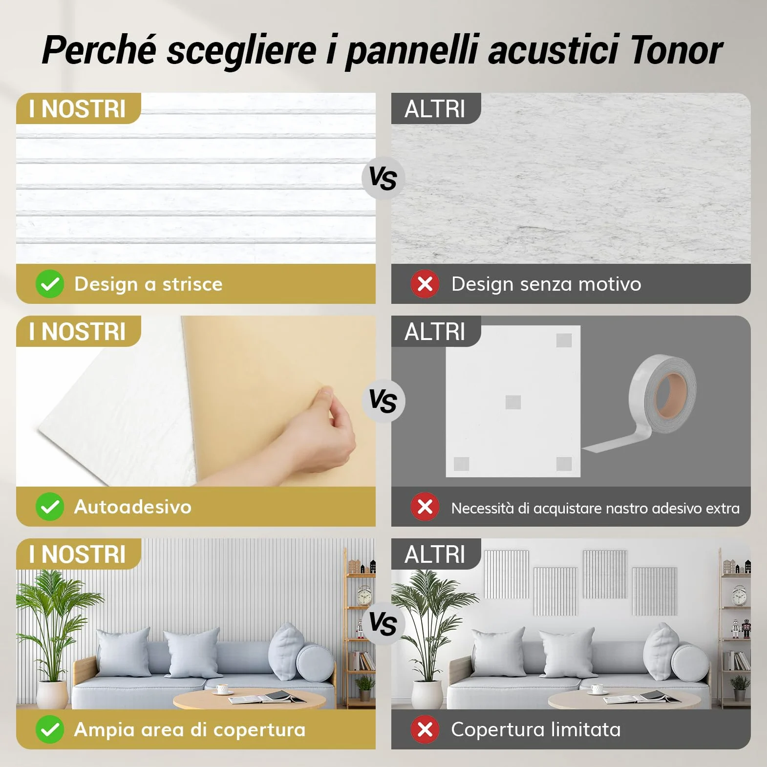 TONOR Pannelli acustici grandi, autoadesivi, 8 pezzi, 120 x 60 x 0,9 cm (5,76 m²), pannelli da parete autoadesivi realizzati con pannelli di isolamento acustico, rivestimento murale per pannelli
