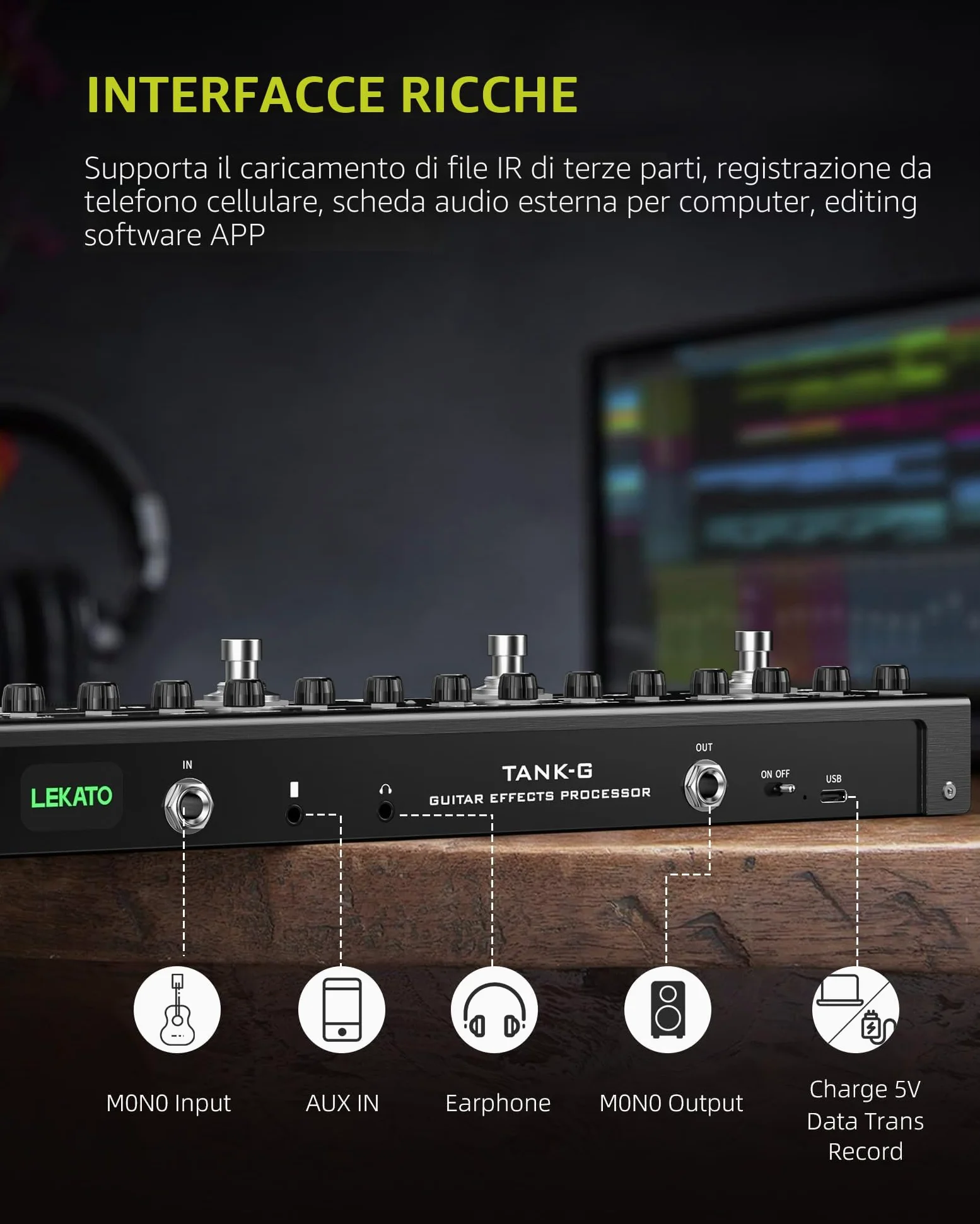 LEKATO Pedale per chitarra multi-effetto, 36 preset modificabili, coro, delay, reverbo, MOD, ricarica IR, registrazione, batteria integrata, connessione BT