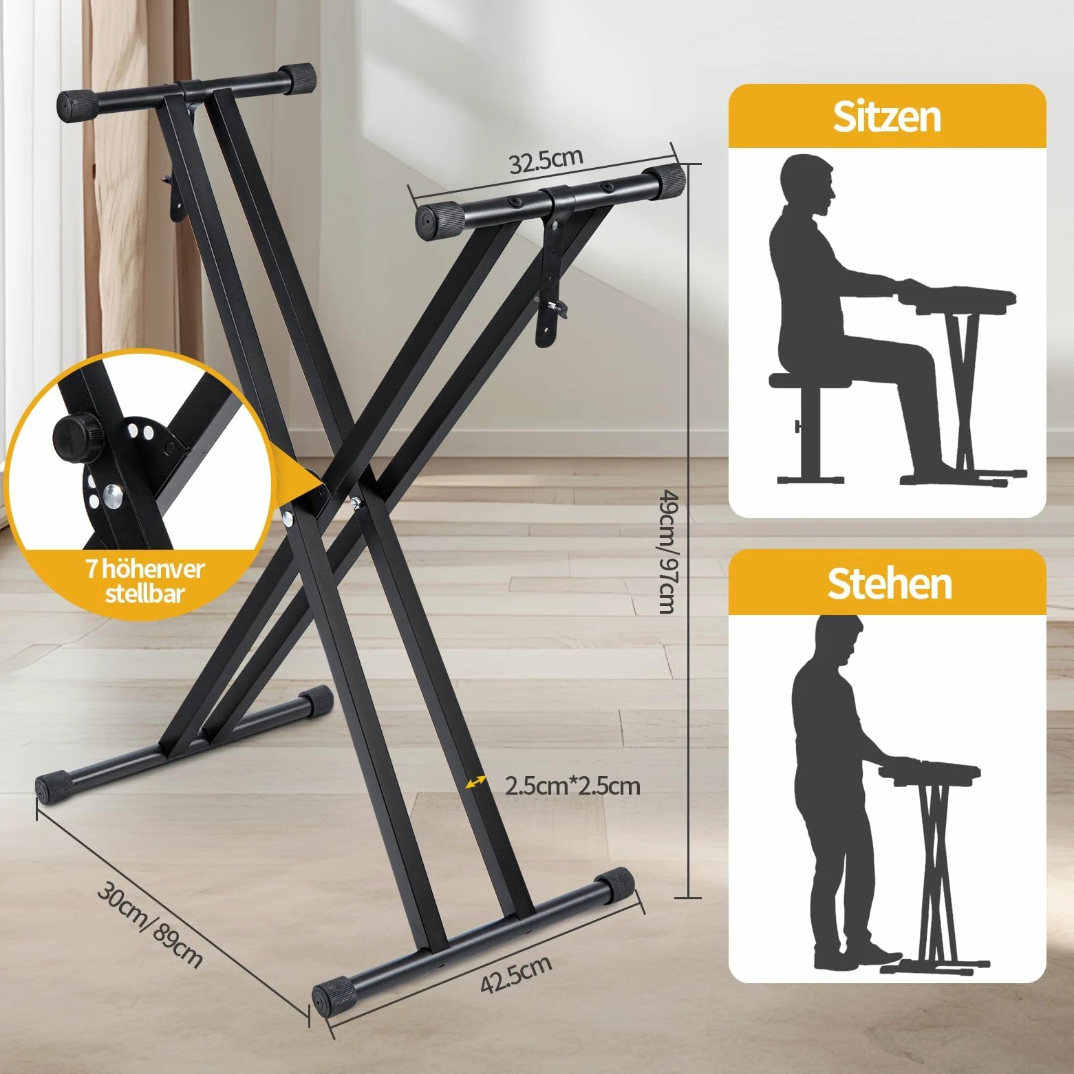 Supporto Tastiera 88 Tasti Doppia X 30KG, Stand Pianoforte Digitale Regolabile 49-97cm, Cavalletto Tastiera Universale 61/76/88 Tasti, Pieghevole in Acciaio Antiscivolo