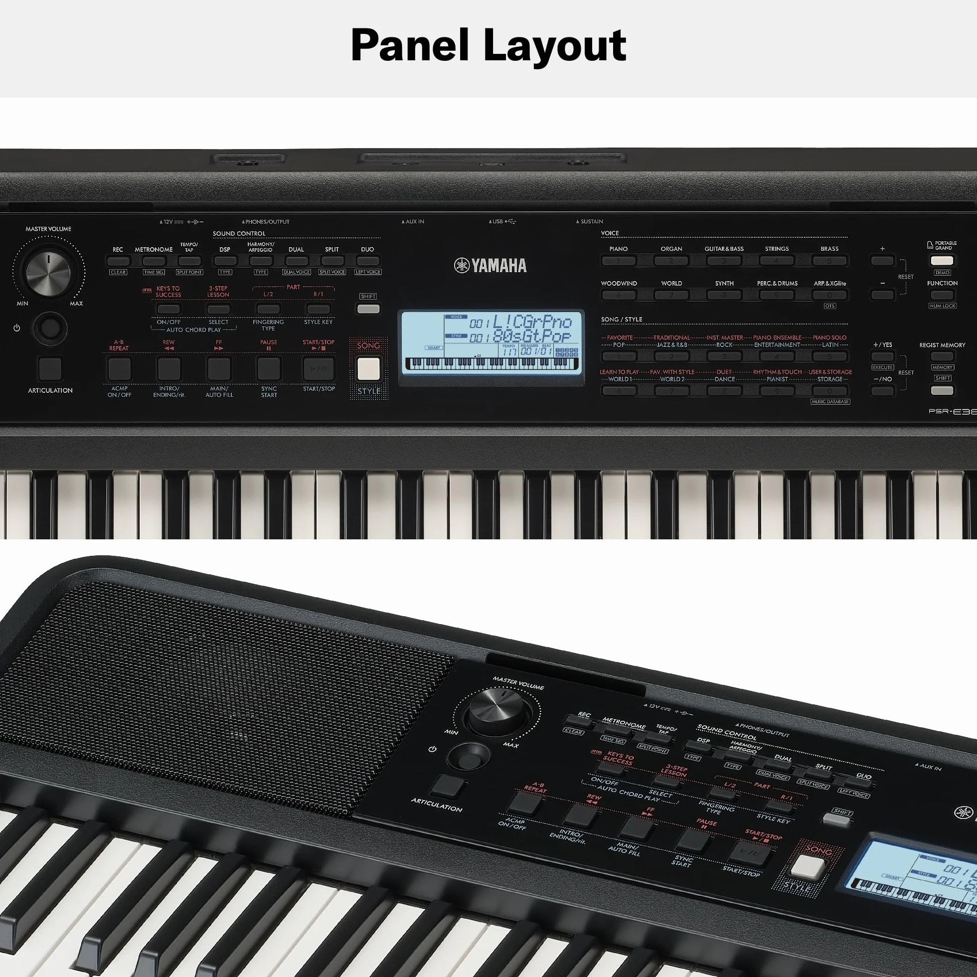 Yamaha PSR-E383 Tastiera Portatile per Principianti, 650 Voci Strumentali Autentiche e Tasti Sensibili al Touch con Polifonia a 48 Note, Include 2 Lezioni Online con Yamaha Music School Teacher