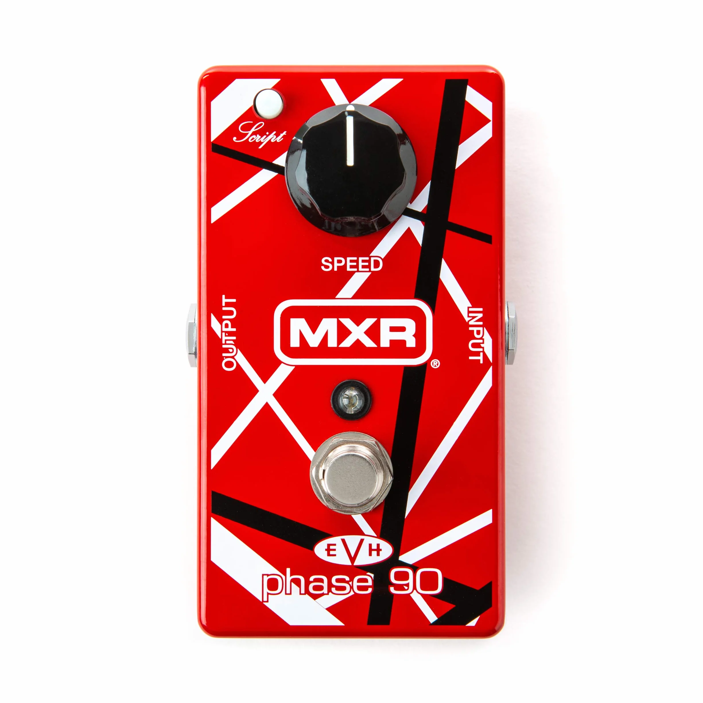 MXR - EVH90 PHASE 90 RED - Pedale Phaser per chitarra elettrica, Design Edward Van Halen, Grafica Strisce rosse-bianco-nere, Controllo velocità, Switch script/logo, Led blu
