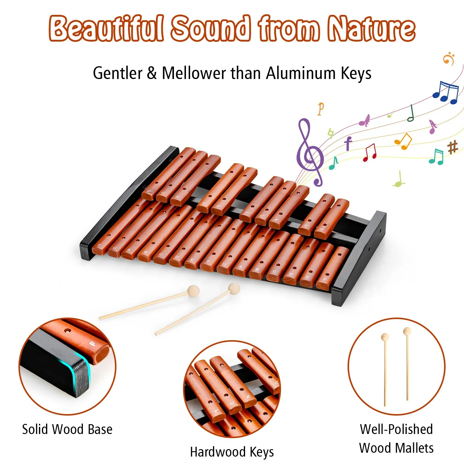 KOMFOTTEU Xilofono 25 note in legno, con 2 bacchette, strumento a percussione a mano, con custodia per il trasporto, strumento musicale per bambini e adulti