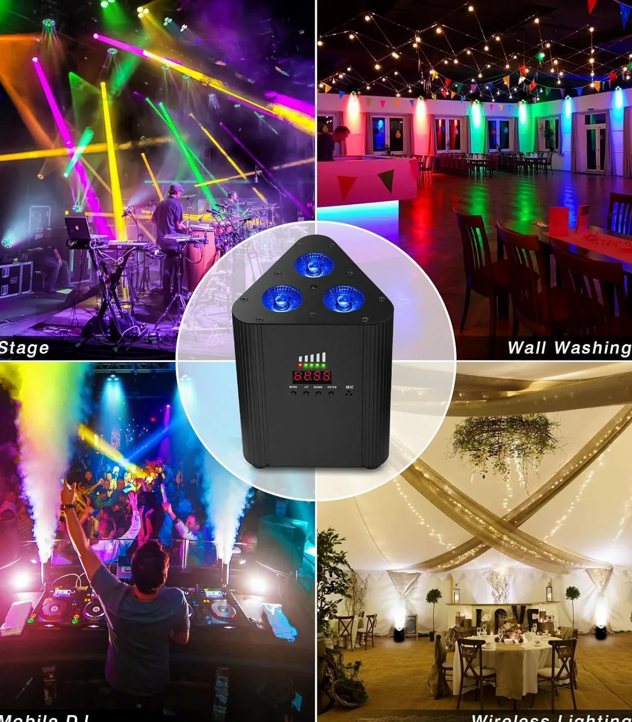 RGBW - Proiettore a LED ricaricabile batteria 4400 mAh, telecomando/controllo DMX, illuminazione da palco senza fili con indicatore di carica luce DJ per festa di Natale discoteca matrimonio