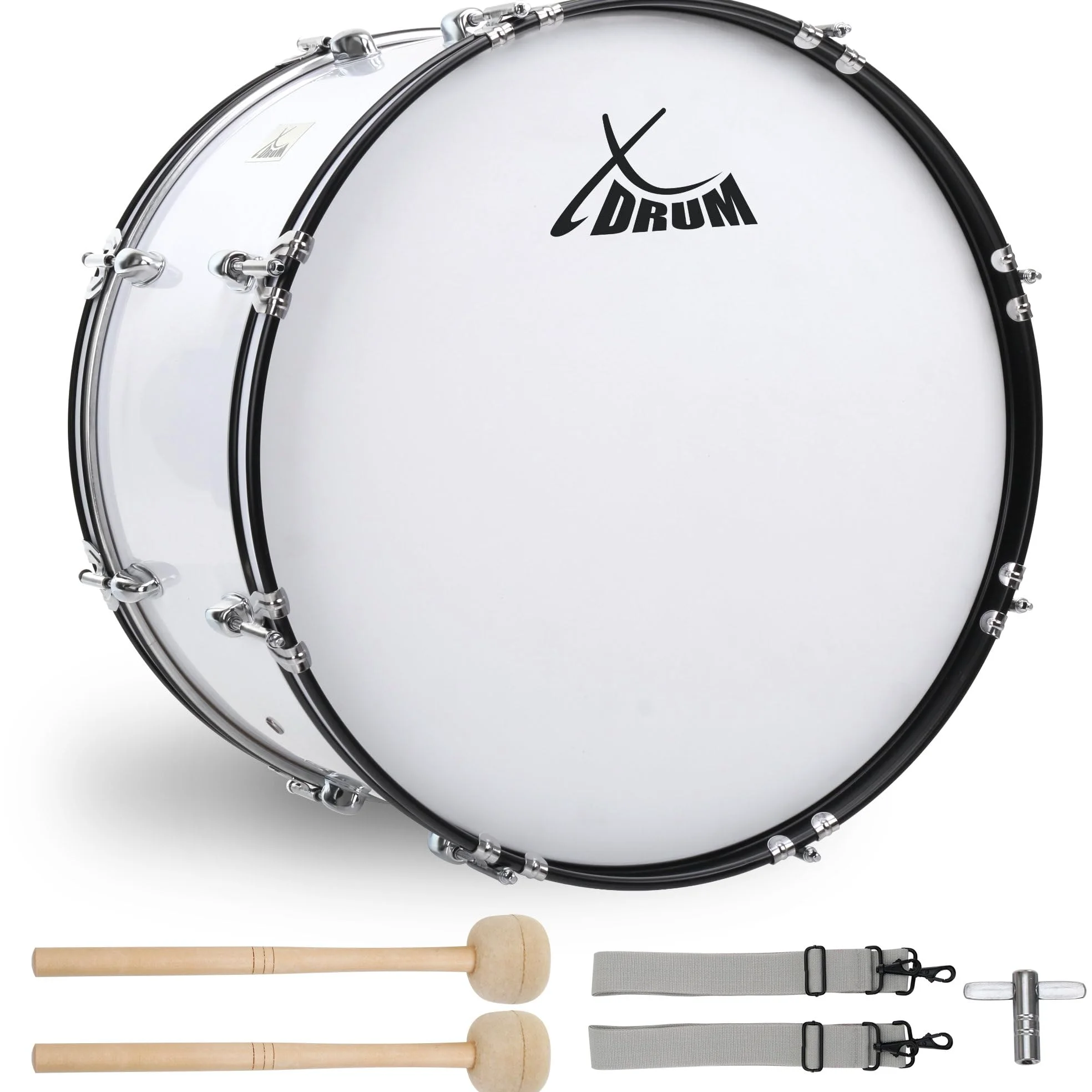 XDrum MBD-226 grancassa da marcia 26"x12" - 10,5 kg, 4 asole di trasporto, 8 viti di tensione per lato, incl. mazzuoli, cinghie e chiave di accordatura, bianco