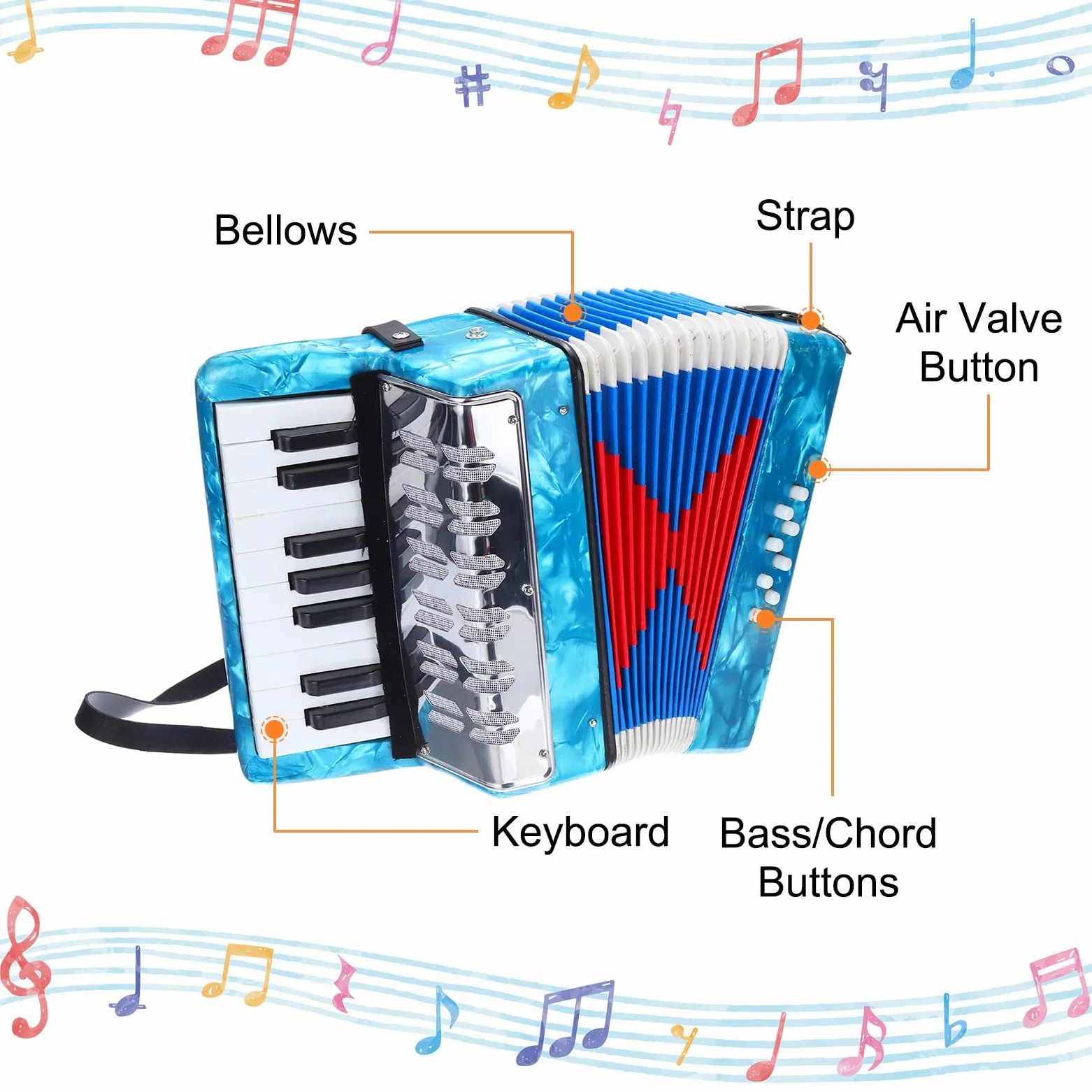 sourcing map Fisarmonica, 17 tasti, 8 tasti basso, mini strumento musicale leggero per bambini principianti educativo, blu cielo