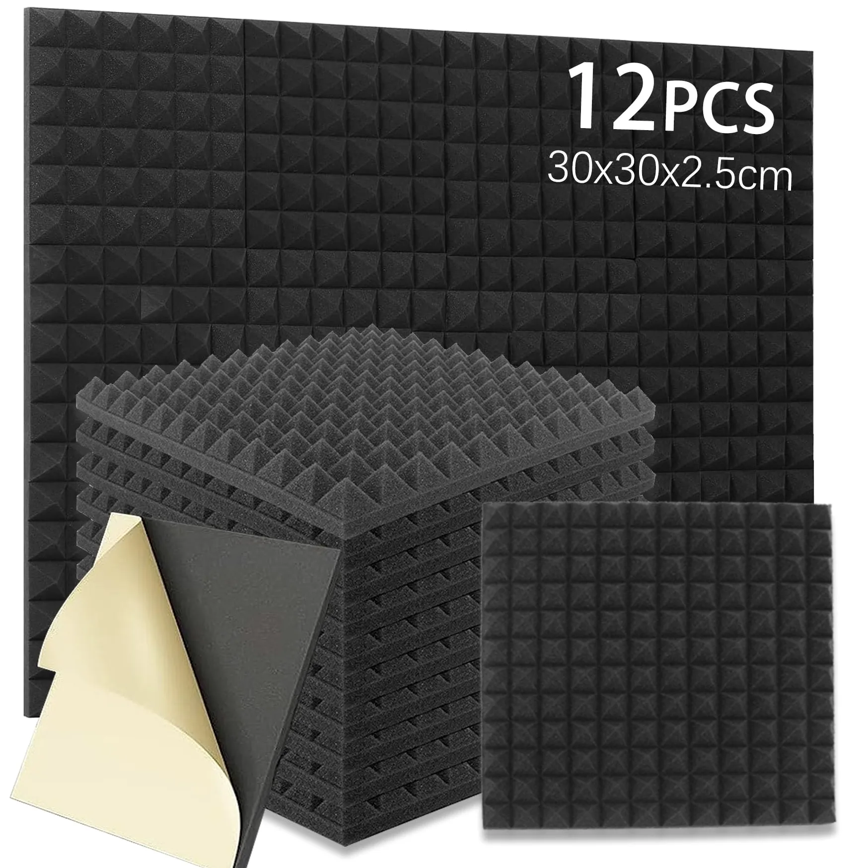 12 pezzi Pannelli Fonoassorbenti Piramidali,Pannello Fonoassorbente con Adesivo a Doppia Faccia,Schiuma Acustica,Pannelli Insonorizzanti,Pannello Acustico, per Studi di Registrazione