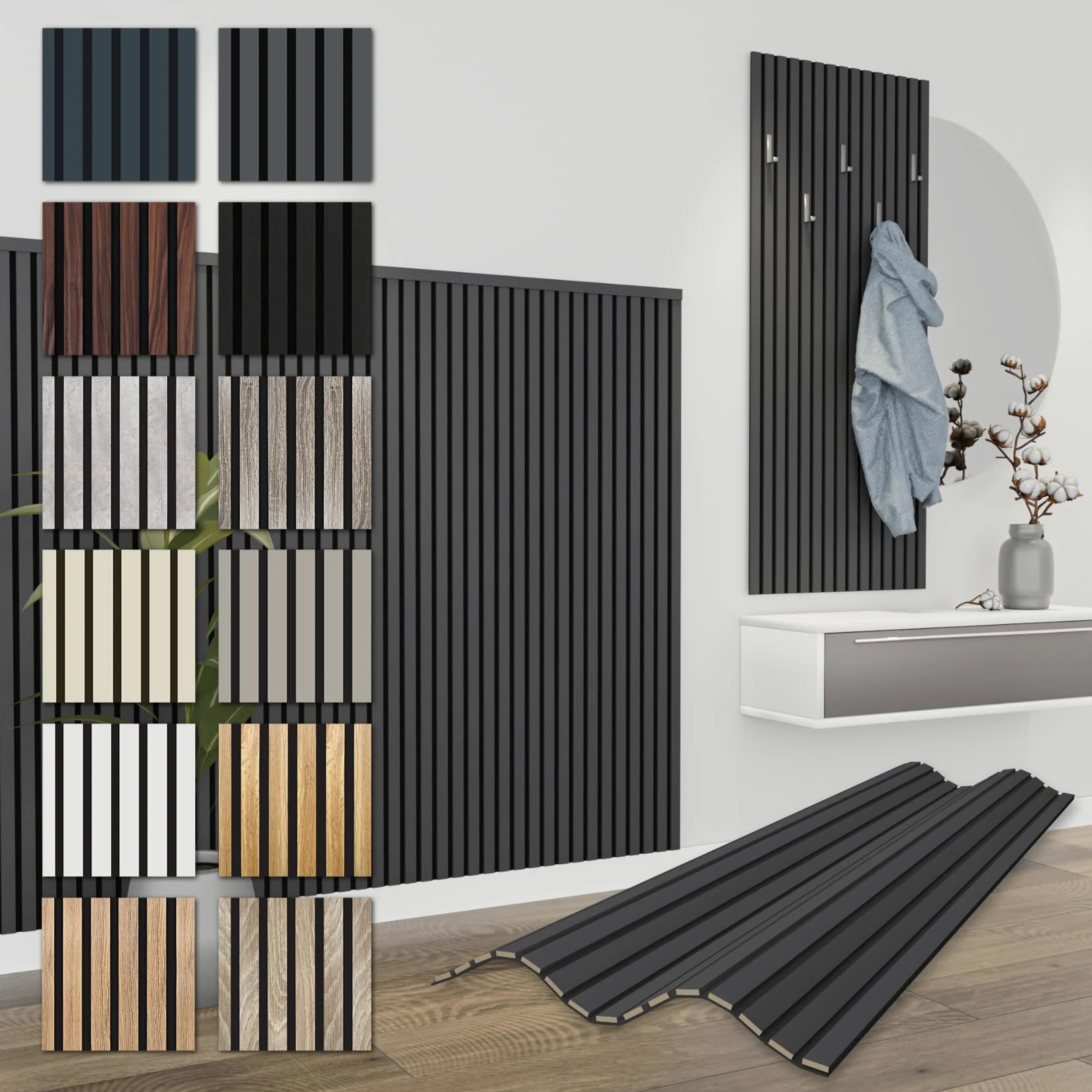 HEXIM Pannelli Acustici 138,5x60cm - Parete a Lamelle Flessibile Legno MDF Pannelli Murali Rivestimento a Lamelle Rivestimento Murale (8 pannelli / 6,64 m² Black Lead - APH05)