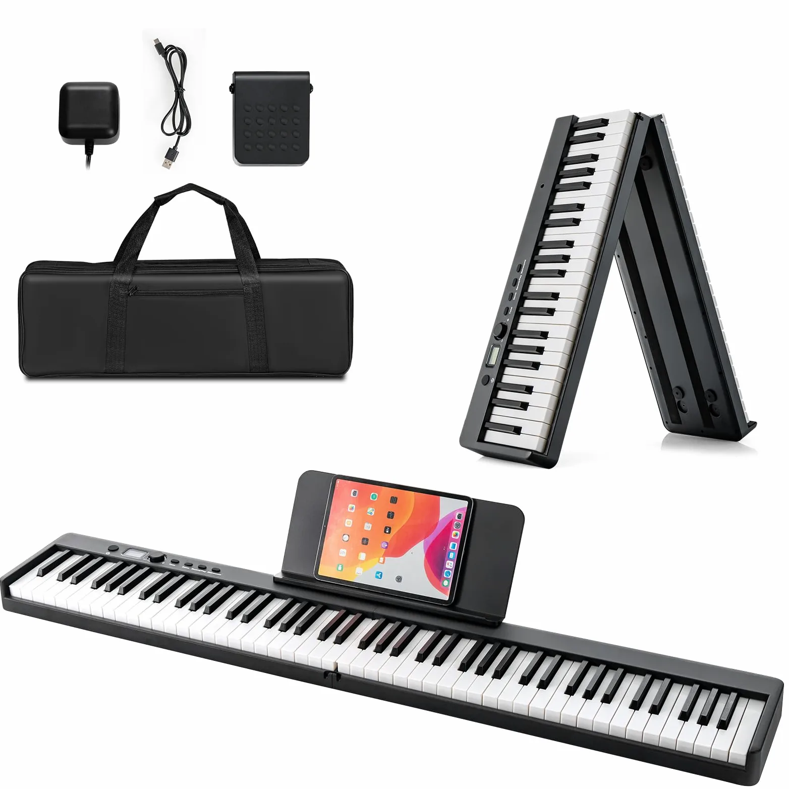 KOMFOTTEU Pianoforte Digitale 88 Tasti Pieghevole, Tastiera Elettronica Multifunzionale con Pedale Sustain per Principianti, Pianola Portatile con Borsa per Pianoforte (Nero)