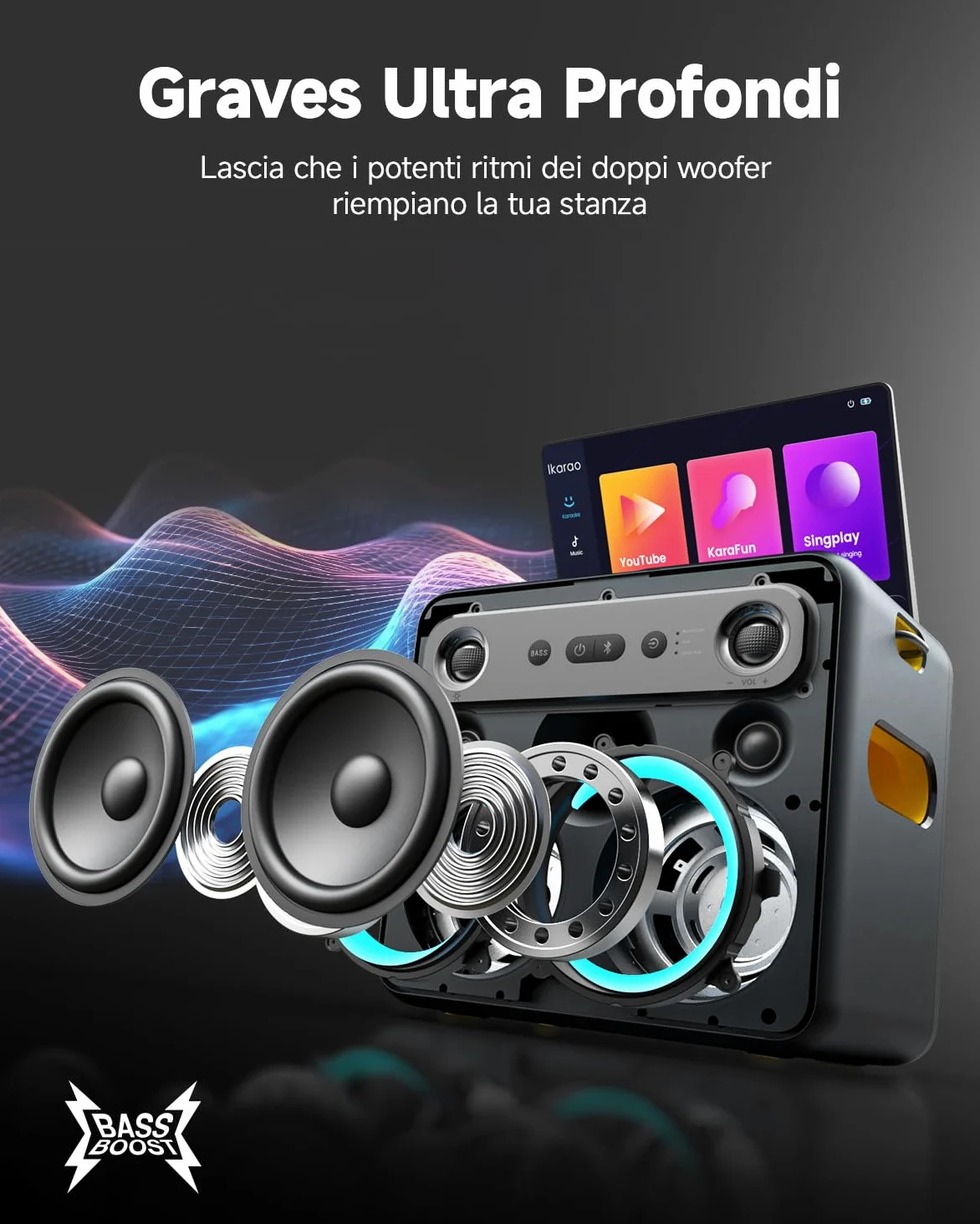 Macchina per karaoke per adulti con display testi, schermo 13,3 pollici, karaoke tutto in uno 2 microfoni wireless (nascosto autocarica), altoparlante