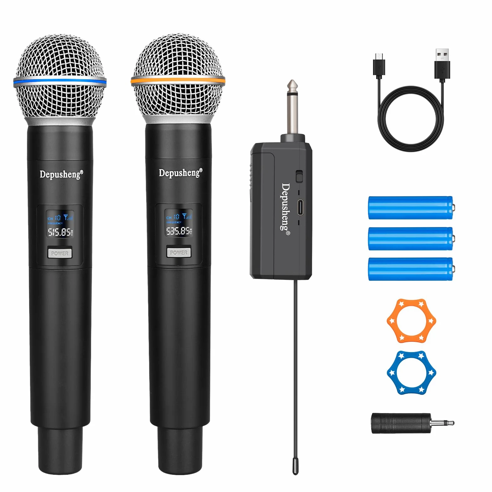 Depusheng Sistema di microfono karaoke wireless duale, set di microfono dinamico con ricevitore ricaricabile per canto, festa, DJ, matrimonio
