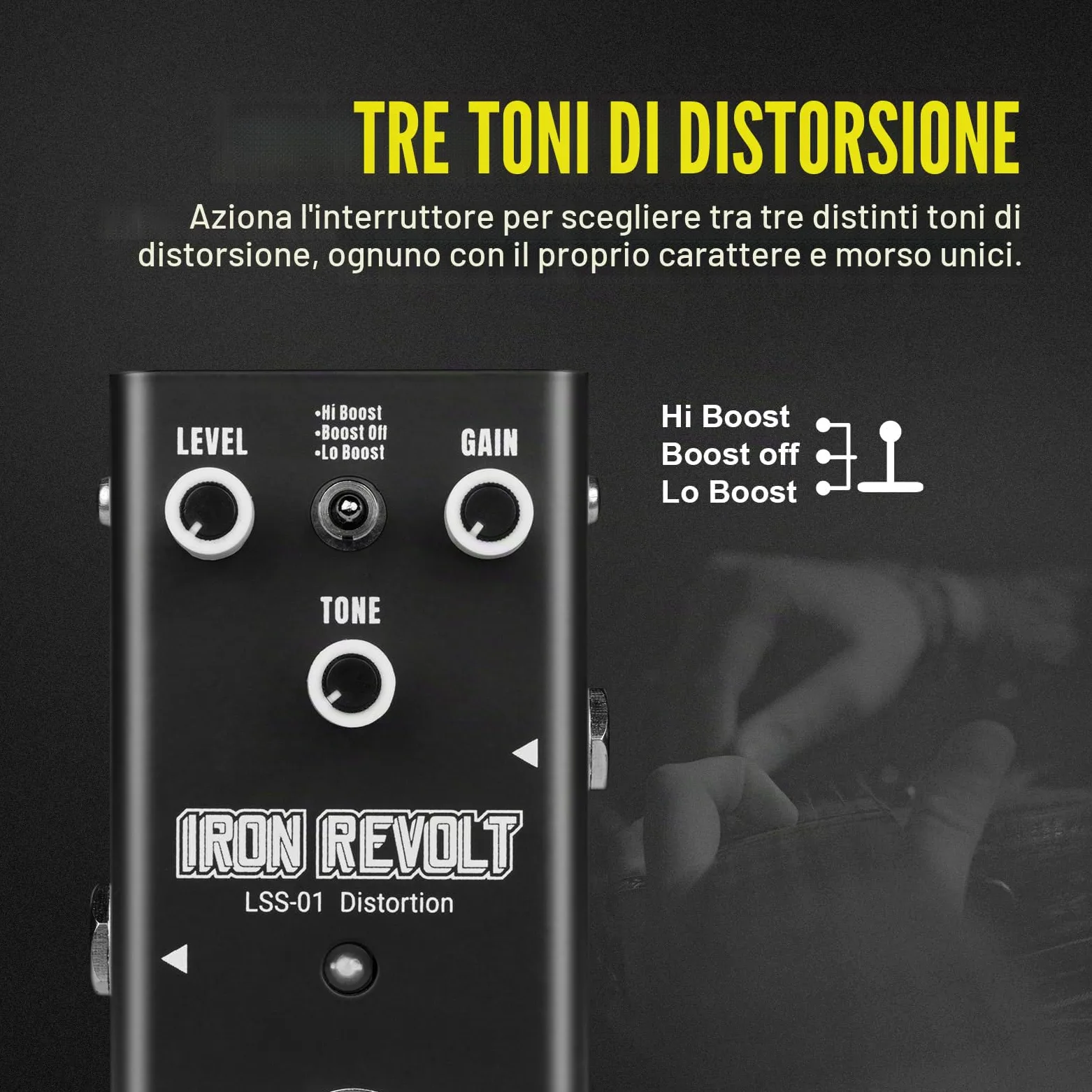 Pedale di distorsione per chitarra - Circuito completamente analogico con 3 toni di distorsione, True Bypass, dimensioni compatte per chitarristi IRON REVOLT (Distortion)
