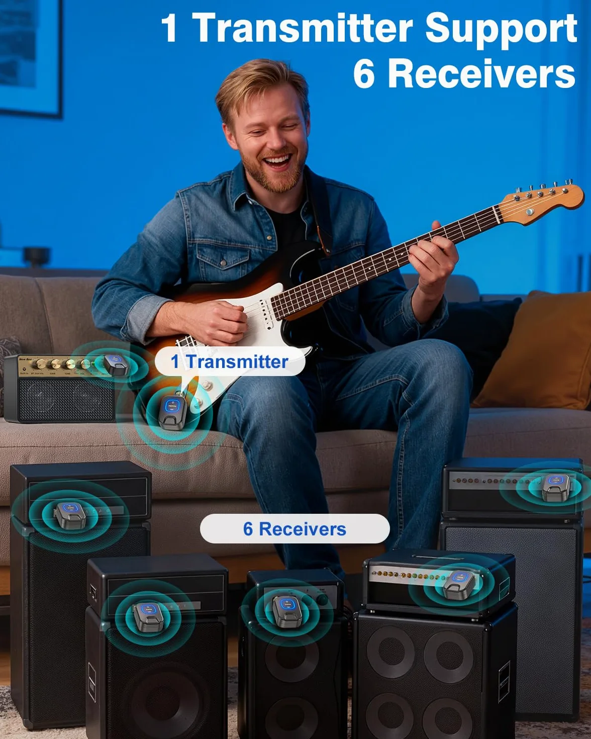 New Bee Sistema di chitarra wireless 5.8G con scatola di ricarica, suono ad alta fedeltà, ricevitore trasmettitore audio a 6 canali per chitarra elettrica, basso