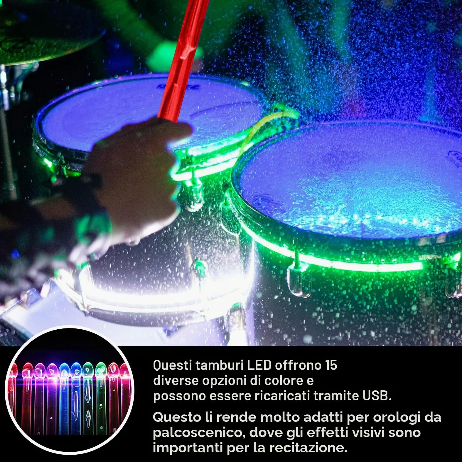 Bacchette per batteria 5A LED luminose ricaricabili, bacchette per batteria con luci fantastiche in materiale polimerico PC per set di batteria, perfette per percussioni e strumenti musicali, 15