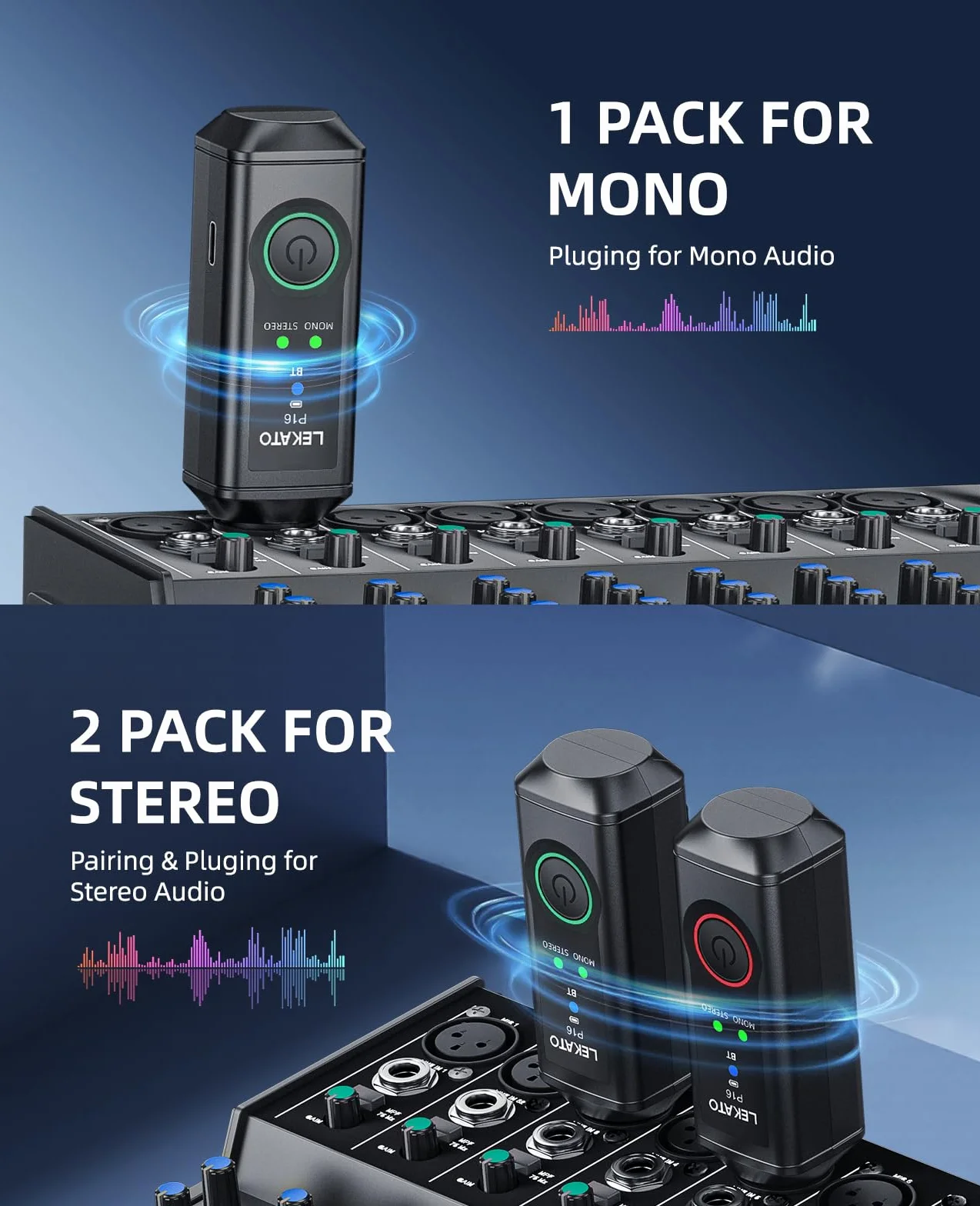 LEKATO P16 Ricevitore Bluetooth XLR, Audio Mono/Stereo, Autonomia 15 Ore, Bluetooth 5.3, 48kHz/24bit, Portata 50 m, per Mixer, DJ e Sistemi PA