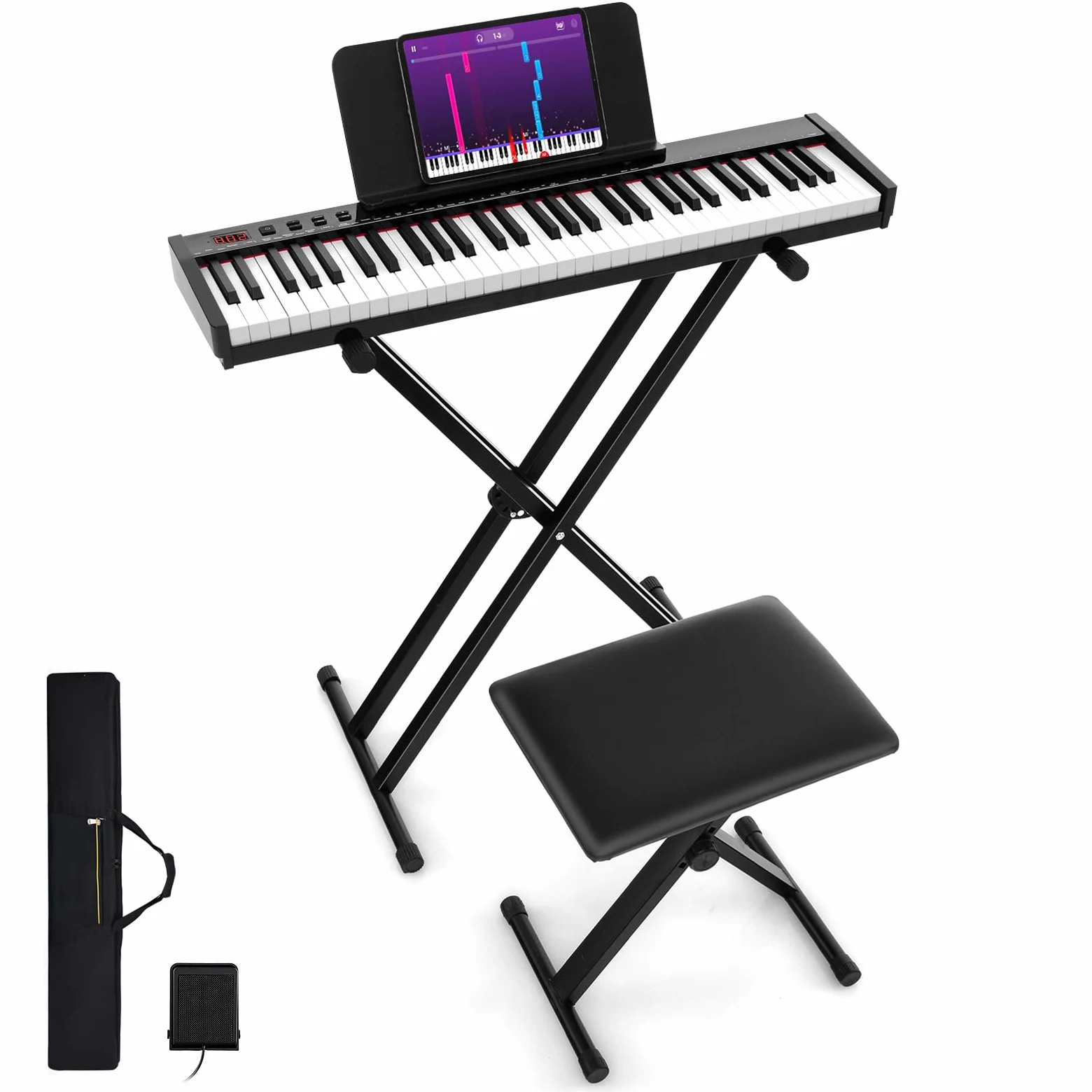 COSTWAY Set Pianoforte Digitale 61 Tasti, Tastiera Musicale con Sgabello Portatile, Pianoforte Elettronica con Supporto, Pedale Sustain, MIDI, USB e Funzione di APP Bluetooth