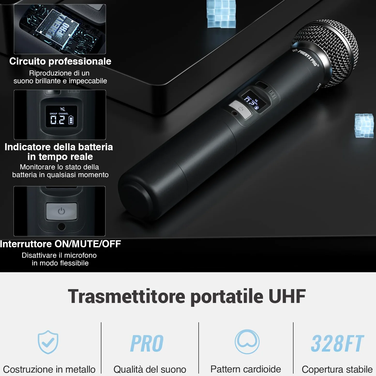Phenyx Pro Sistema microfono wireless a quattro canali con scansione automatica, 4x40 frequenze UHF, lunga portata di 328 piedi, 4 microfoni dinamici palmari per canto, chiesa, karaoke (PTU-7000-4H)