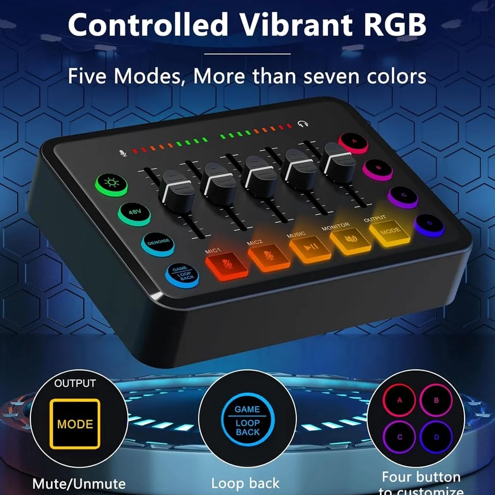 Mixer audio da gioco, mixer streaming RGB PC con interfaccia microfono XLR, volume fader, alimentazione phantom 48 V per podcast