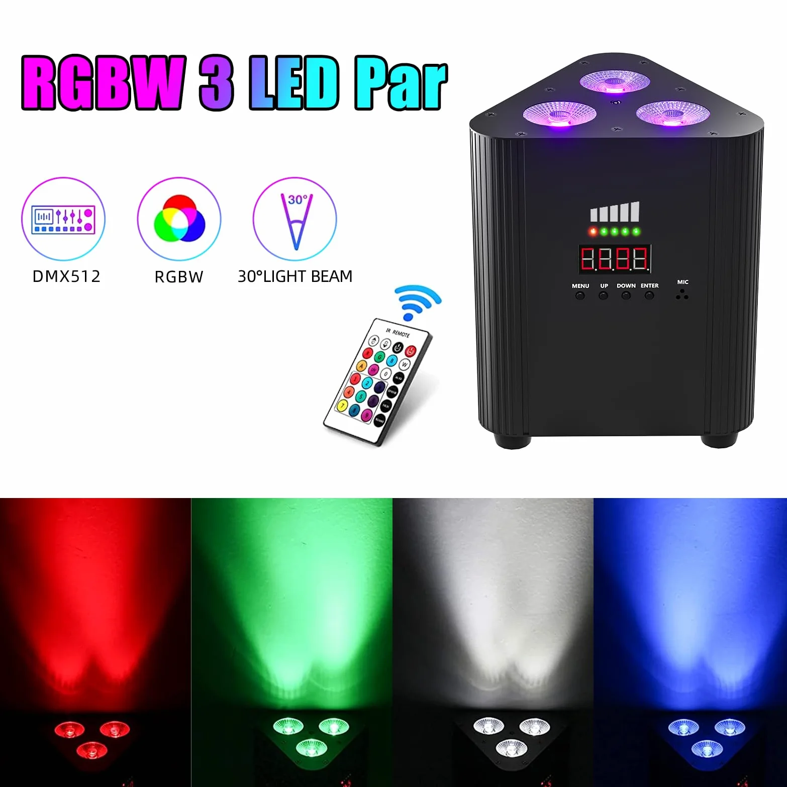senza fili RGBW 3 LED par Faro con telecomando, 4400 mA ricaricabile Batteria-dmx-LED luce festa Uplight con indicatore di potenza DJ luce palcoscenico per KTV discoteca matrimonio Natale