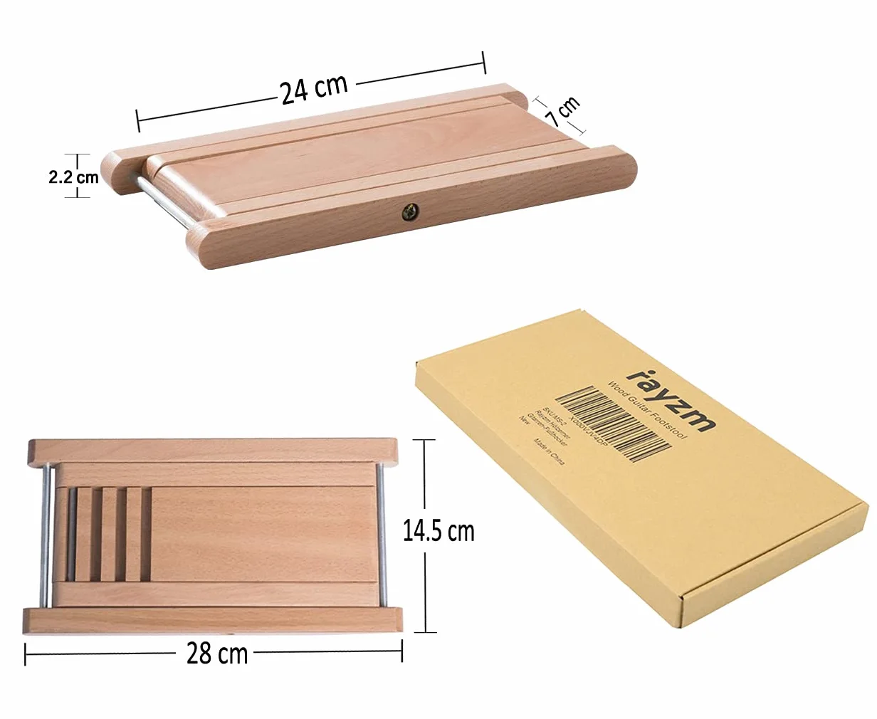 Rayzm Piedino per chitarra classica, poggiapiedi con 4 altezze regolabili da 12 cm a 22 cm, pedale banjo in legno massiccio