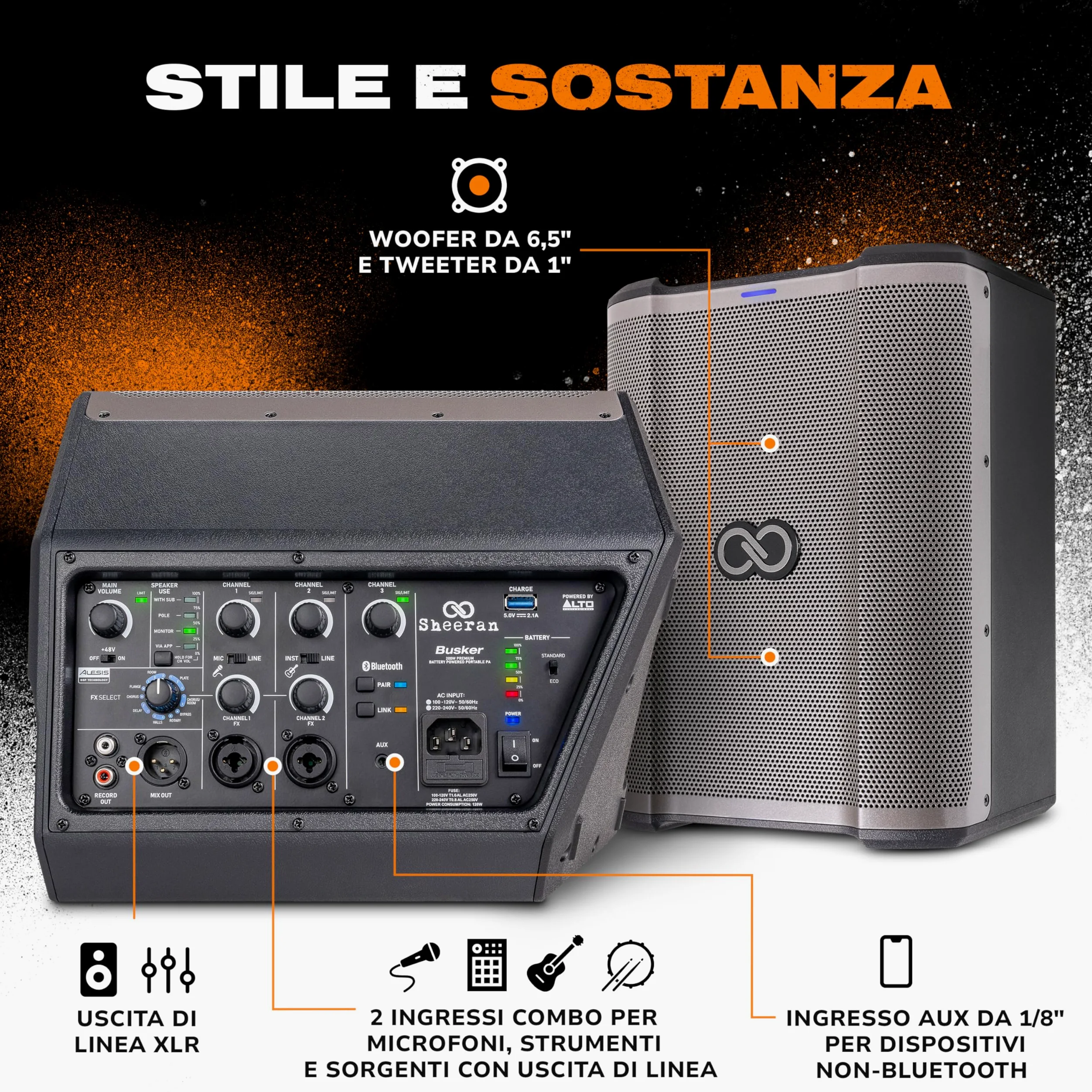 SHEERAN Special Edition Busker - PA portatile da 200 W con batteria ricaricabile, Bluetooth, mixer a 3 canali, effetti Alesis, app, ricarica USB