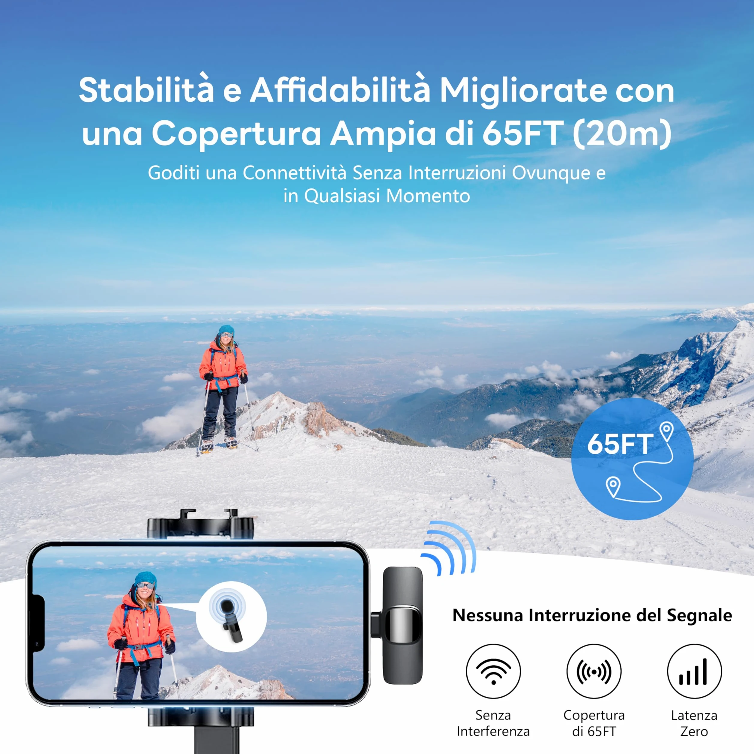 Microfono Wireless Lavalier per iPhone/Android/PC, Batteria 10 Ore, Cancellazione del Rumore, Microfono a Spillo Plug & Play per YouTube, Vlogging, Podcast, Interviste