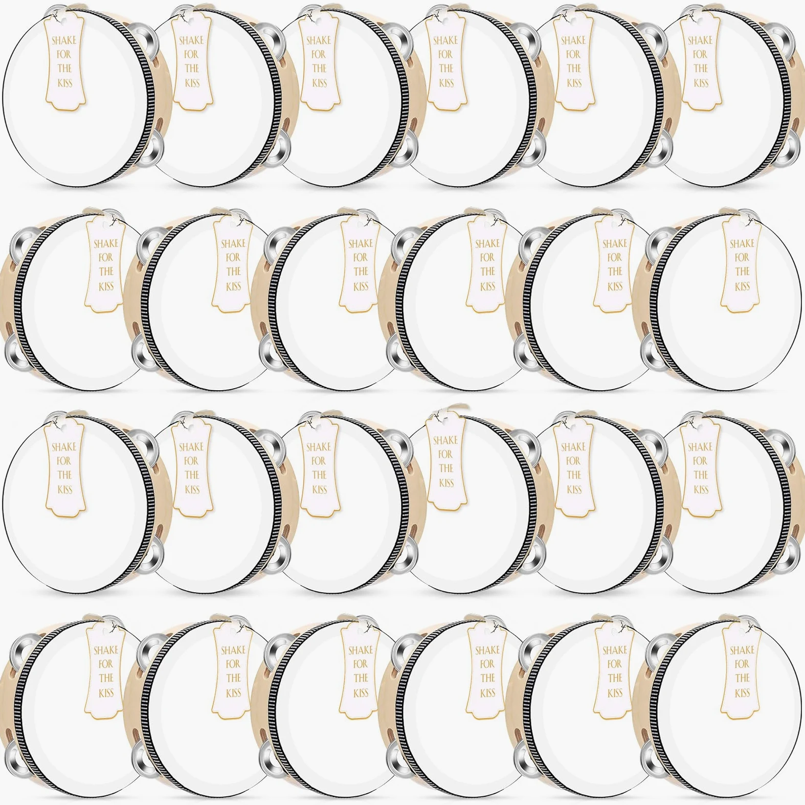 Set di 24 tamburelli da 15,2 cm per adulti, in legno, con sonagli in metallo, etichette regalo, nastro bianco stampato con scritta "I Love You", strumento musicale per chiesa, matrimoni,