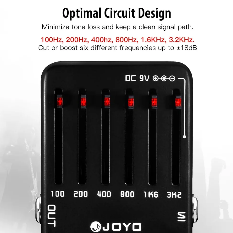 JOYO Equalizzatore per chitarra elettrica a pedale EQ a 6 bande (100Hz 200Hz 400Hz 800Hz 1.6kHz 3.2kHz) Fornisce ± 18 dB per ciascuna banda (JF-11)