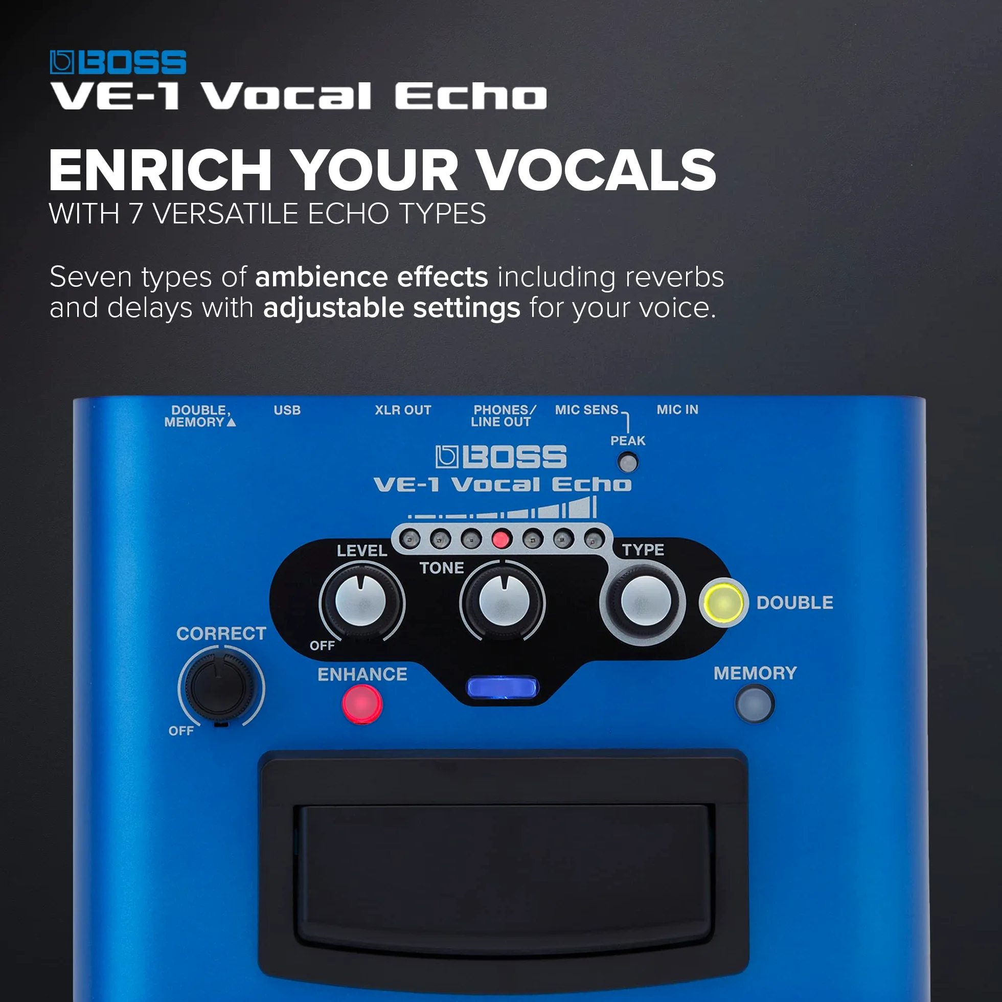 BOSS VE-1 Vocal Echo per Cantanti e Vocalist | Controllate il Suono della Vostra Voce in Tempo Reale | Aggiungete Ambienze Naturali o un Intenso Riverbero alla vostra Voce
